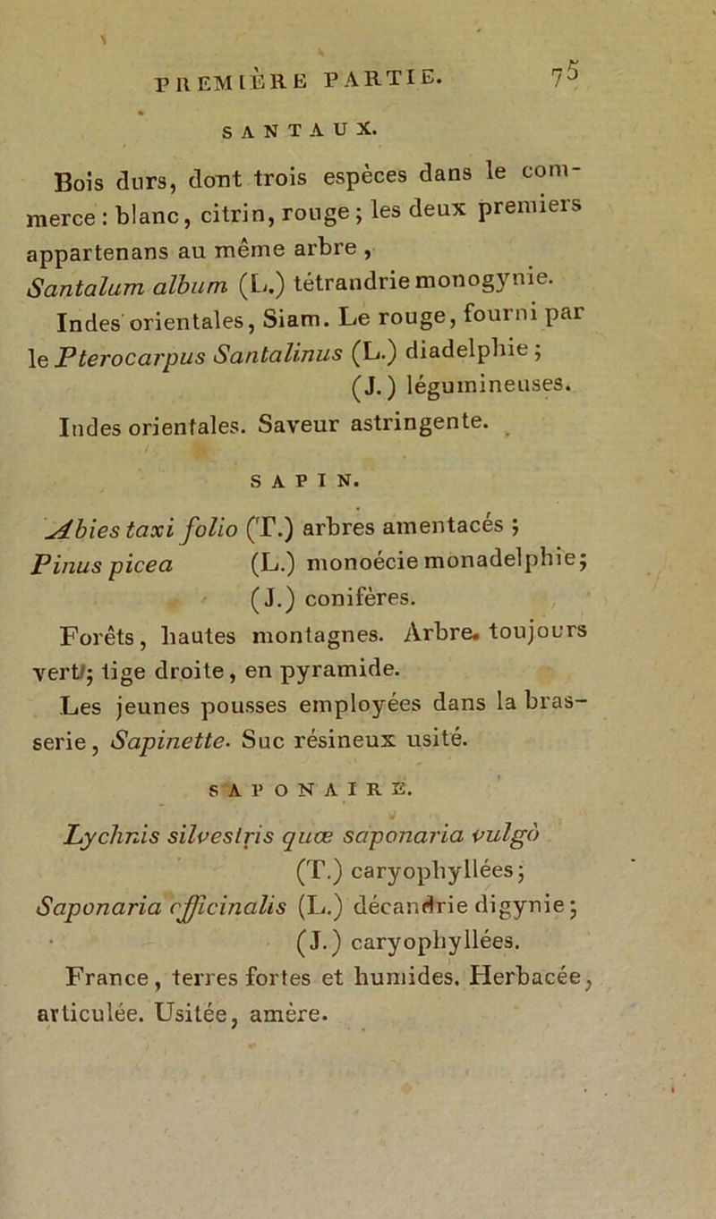 S A N T A U X. Bois durs, dont trois espèces dans le com- merce: blanc, citrin, rouge; les deux premiers appartenans au même arbre , Santalum album (L.) tétrandriemonogynie. Indes orientales, Siam. Le rouge, fourni par le JPterocarpus Santalinus (L.) diadelphie; (J.) légumineuses. Indes orientales. Saveur astringente. sapin. ^4bies taxi folio (T.) arbres amentaces ; Pinus picea (L.) monoecie monadelphie; (J.) conifères. Forêts, hautes montagnes. Arbre, toujours vert/; tige droite, en pyramide. Les jeunes pousses employées dans la bras- serie, Sapinette. Suc résineux usité. SAPONAIRE. Lyclmis silveslris quœ sàponaria oui go (T.) caryopliyllées ; Saponaria cjjïcinalis (L.) décandrie digynie ; (J.) caryopliyliées. France, terres fortes et humides. Herbacée, articulée. Usitée, amère.