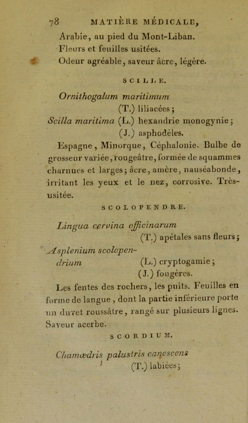 Arabie, au pied du Mont-Liban. Fleurs et feuilles usitées. Odeur agréable, saveur âcre, légère. SCILLE. Ornithogalum maritimum (T.) liliacées ; Scilla maritlma (L.) hexandrie monogynie; (J.) asphodèles. Espagne, Minorque, Céphalonie. Bulbe de grosseur variée, rougeâtre, formée de squammes charnues et larges; âcre, amère, nauséabonde, irritant les yeux et le nez, corrosive. Très- usitée. SCOLOPENDRE. Lingua cervina ojjicinarum (T.) apétales sans fleurs; si splénium scolopen- drium (L.) cryptogamie; (J.) fougères. Les fentes des rochers, les puits. Feuilles en forme de langue , dont la partie inférieure porte un duvet roussâlre, rangé sur plusieurs lignes. Saveur acerbe. s C O R D I U M. Chaniosdris palus tris caqescens (T.) labiées ;