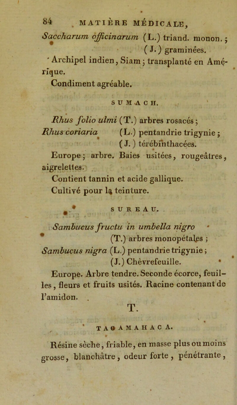 Saccharum ojfîcinarum (L.) triand. monon.; ( J. ) graminées. Archipel indien, Siam ; transplanté en Amé rique. Condiment agréable. s u m a c H. Rhus folio ulmi (T.) arbres rosacés ; Rhus coriaria (L.) pentandrie trigynie ; ( J. ) térébihthacées. Europe ; arbre. Baies usitées, rougeâtres, aigrelettes. Contient tannin et acide gallique. Cultivé pour U teinture. sureau. Sambucus fructu in umbella nigro (T.) arbres monopétalps ; Sambucus nigra (L.) pentandrie trigynie ; (J.) Chèvrefeuille. • Europe. Arbre tendre. Seconde écorce, feuil- les , fleurs et fruits usités. Racine contenant de l’amidon. . T. * taoamahac a. » Résine sèche, friable, en masse plus ou moins grosse, blanchâtre , odeur forte , pénétrante ,