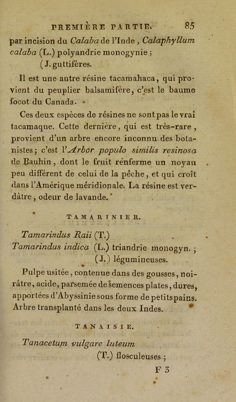 par incision du Galaba de l’Inde, Calaphyllum calaba (L.) polyandrie monogynie ; ( J. guttifères. Il est une autre résine tacamahaca, qui pro- vient du peuplier balsamifère, c’est le baume focot du Canada. • Ces deux espèces de résines ne sont pas le vrai tacamaque. Cette dernière, qui est très-rare, provient d’un arbre encore inconnu des bota- nistes ) c’est Vudrbor populo similis resinosa de Bauhin, dont le fruit renferme un noyau peu différent de celui de la pêche, et qui croît dans l’Amérique méridionale. La résine est ver- dâtre , odeur de lavande. ' TAMARINIER. ‘ * * • «.- Tamarinclus Raii (T.) Tamarindus indica (L.) triandrie monogyn. • (J.) légumineuses. Pulpe usitée, contenue dans des gousses, noi- râtre, acide, parsemée de semences plates, dures, apportées d’Abyssinie sous forme de petitspains. Arbre transplanté dans les deux Indes. tanaisie. Tanacetupi vulgcire luteum (T.) flosculeuses ;