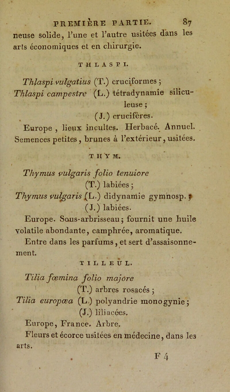 neuse solide, l’une et l’autre usitées dans les arts économiques et en chirurgie. THLASPI. Thlaspivulgatius (T.) cruciformes; Thlaspi campestre (L.) tétradynamie silicu- leuse ; (J.) crucifères. Europe , lieux incultes. Herbacé. Annuel. Semences petites , brunes à l’extérieur, usitées. T h y M. Thymus vulgaris folio tenuiore (T.) labiées ; Thymus vulgaris (L.) didynamie gymnosp. f (J.) labiées. Europe. Saus-arbrisseau ; fournit une huile volatile abondante, camphrée, aromatique. Entre dans les parfums , et sert d’assaisonne- ment. TILLEUL. Tilia foemina folio majore (T.) arbres rosacés ; Tilia europœa (L ) polyandrie monogynie; (J.) liliacées. Europe, France. Arbre. Fleurs et écorce usitées en médecine, dans le3 arts.