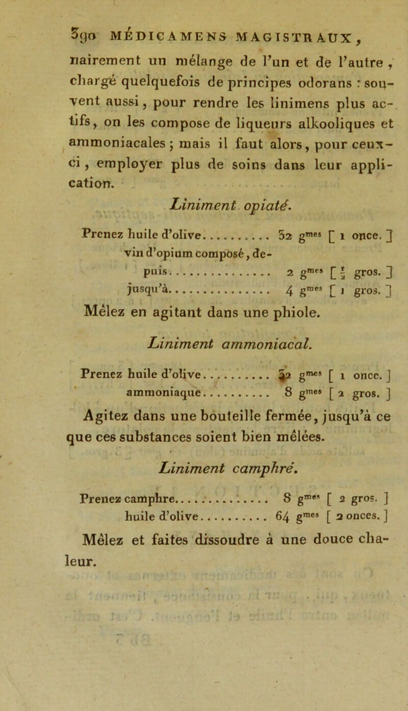 nairement un mélange de l'un et de l'autre , chargé quelquefois de principes odorans : sou- vent aussi, pour rendre les Iinimens plus ac- tifs, on les compose de liqueurs alkooliques et ammoniacales; mais il faut alors, pour ceux- ci , emplojrer plus de soins dans leur appli- cation. Liniment opiaté. Prenez huile d’olive 52 gmes f i once. J vin d’opium composé, de- puis 2 gmes gros. ”j jusqu’à 4 gmes £ , gros. Mêlez en agitant dans une phiole. Liniment ammoniacal. Prenez huile d’olive..... %2 g™5 [ 1 once. J ammoniaque 8 gme» gros. ] Agitez dans une bouteille fermée, jusqu'à ce que ces substances soient bien mêlées. Liniment camphré. Prenez camphre.............. 8 gme' [ 2 gros. ] huile d’olive 64 gmes [ 2 onces. ] Mêlez et faites dissoudre à une douce cha- leur.