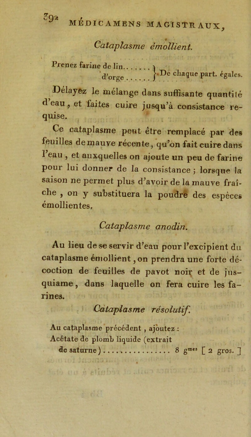 5q2 „ , MEDICAMENS MAGISTRAUX, Cataplasme émollient. v ' '; ’ ; r »!1 , Prenez farine de lin î d’orge } De clia3ue Part, égales. Délayez le mélange dans suffisante quanti lé d eau, et faites cuire jusqu’à consistance re- quise. Ce cataplasme peut être remplacé par des feuilles de mauve récente, qu’on fait cuire dans 1 eau , et auxquelles on ajoute un peu de farine pour lui donner de la consistance ; lorsque la saison ne permet plus d’avoir de la mauve fraî- che , on y substituera la poudre des espèces émollientes. Cataplasme anodin. Au lieu de se servir d’eau pour l’excipient du cataplasme émollient ,on prendra une forte dé- coction de feuilles de pavot noir et de jus- quiame, dans laquelle on fera cuire les fa- rines. Cataplasme résolutif. Au cataplasme précédent , ajoutez : Acétate de plomb liquide (extrait