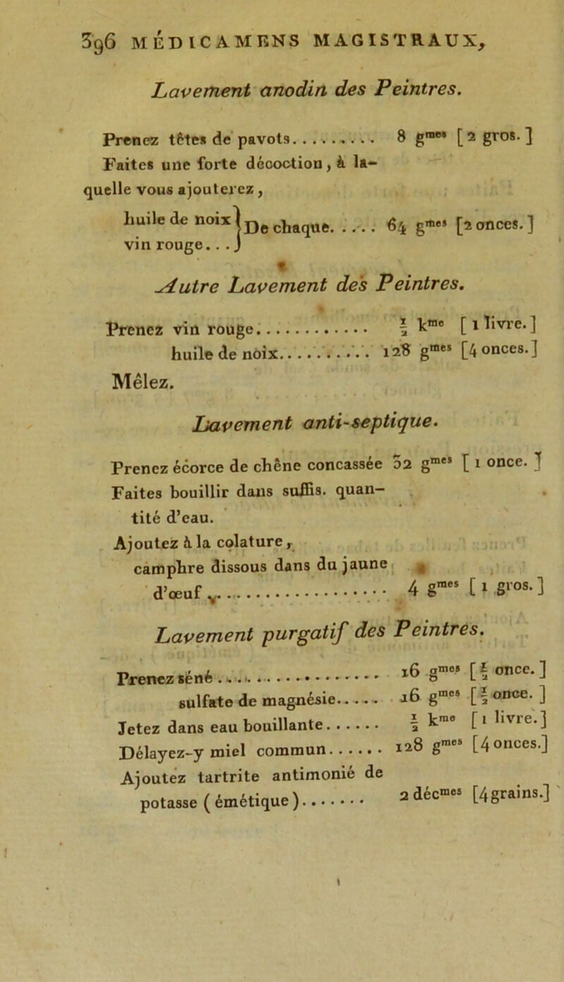 Lavement anodin des Peintres. Prenez têtes de pavots 8 graes [2 gros.] Faites une forte décoction, à la- • -r* ' ' quelle vous ajouterez, huile de noix)Dechaque 64, [2 onces. ] vin rouge... J « udutre Lavement des Peintres. Prenez vin rouge \ hrae [ 1 livre. ] huile de noix Y. 12S gmes [4 onces.] Mêlez. Lavement anti-septique. Prenez écorce de chêne concassée 02 gm“ [ 1 once. ] Faites bouillir dans suffis, quan- tité d’eau. Ajoutez A la colature, camphre dissous dans du jaune * d’œuf v 4 graes [ * Sros-1 Lavement purgatif des Peintres. Prenez séné . iA ^ g-» [*once.] sulfate de magnésie.. - - - a6 g™09 [fonce.] Jetez dans eau bouillante â km0 [* ÜMe.] Délayez-y miel commun 128 gm [4 onces.] Ajoutez tartrite antimonié de