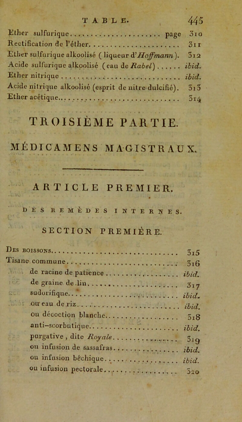 Ether sulfurique page 310 Rectification de l’éther 3ir Ether sulfurique alkoolisé ( liqueur <¥Hoffmann). 3i2 Acide sulfurique alkoolisé (eau de Rabel) ibid. Ether nitrique ibid. Acide nitrique alkoolisé (esprit de nitre dulcifié). 5i3 Ether acétique 5x^ TROISIÈME PARTIE. MÉDICAMENS MAGISTRAUX. ARTICLE PREMIER. DES REMÈDES INTERNES. SECTION PREMIÈRE. Des boissons 3^ Tisane commune 5jg de racine de patience ibid. de graine de.lin 3^ sudorifique.. T ihid^ ou eau de riz.... • ibi(L ou décoction blanche 5jg anti-scorbutique ibid purgative, dite Royale 3,^ ou infusion de sassafras ibid ou infusion béchique ibid ou infusion pectorale. 5ao