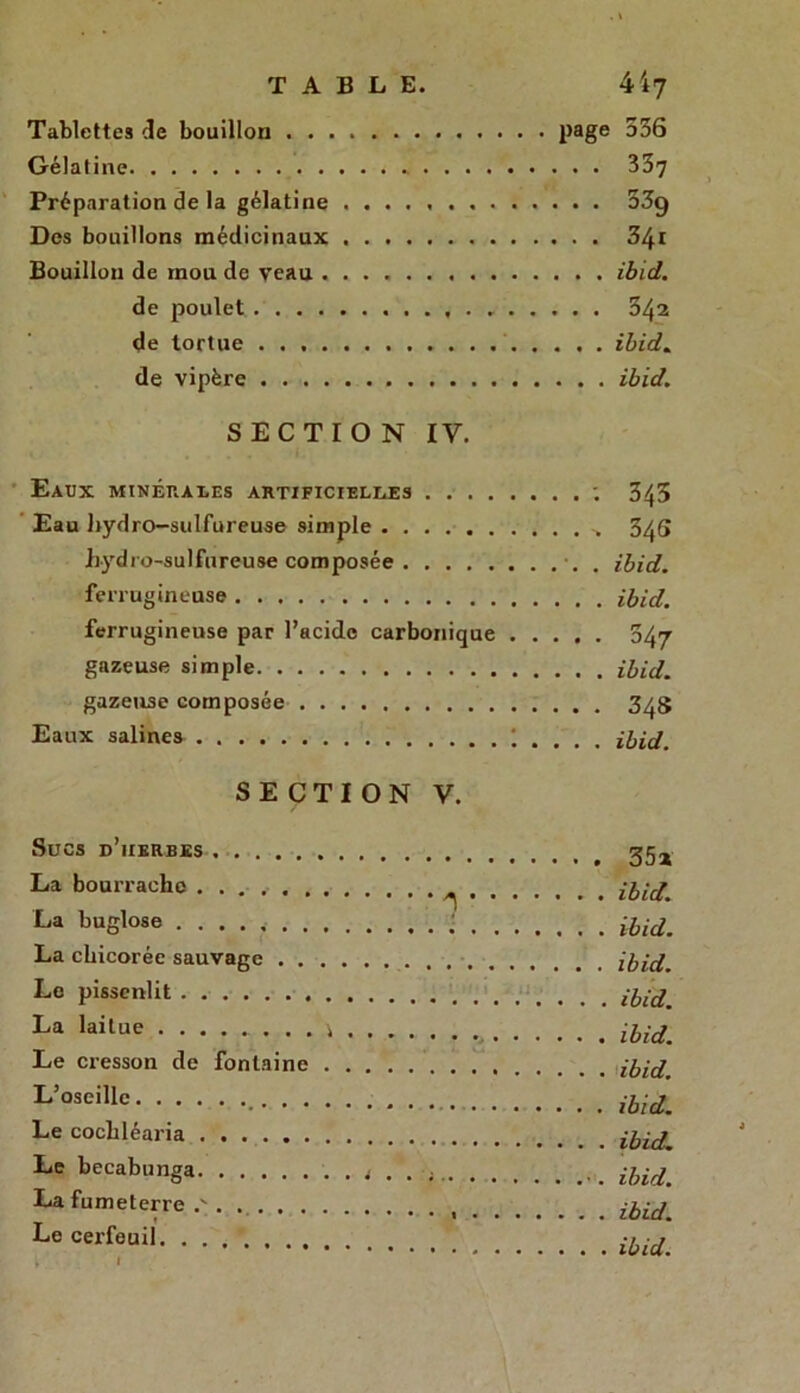 Tablettes de bouillon Page 336 Gélatine 337 Préparation de la gélatine 33g Des bouillons médicinaux 34i Bouillon de mou de veau ibid. de poulet 342 de tortue ibid. de vipère . ibid. SECTION IV. Eaux minérales artificielles ; 343 Eau hydro-sulfureuse simple 346 hydro-sulfureuse composée . ibid. ferrugineuse ibid. ferrugineuse par l’acidc carbonique 34y gazeuse simple ibid. gazeuse composée 348 Eaux salines . 1 . . . . ibid. SECTION V. Sucs d’herbes 35x La bourrache . . . ibid, La buglose ....,■ ibid. La chicorée sauvage ibid. Le pissenlit ibid. La lailue i ...... ibid. Le cresson de fontaine ibid, L’oseillc ibid. Le cochléaria Le becabunga , ibid. La fumeterre . £££</. Le cerfeuil ibid.
