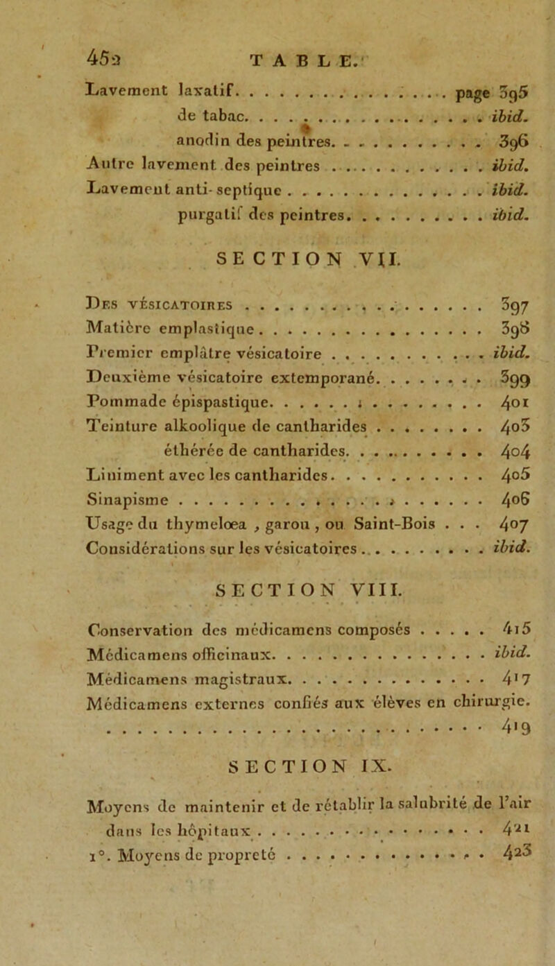 Lavement laxatif page og5 de tabac ibid. anodin des peintres. . 396 Autre lavement des peintres ibid. Lavement anti-septique ibid. purgatil des peintres ibid. SECTION VII. Des vésicatoires . 3g7 Matière emplastique 3gS Premier emplâtre vésicatoire ibid. Deuxième vésicatoire extemporané * . 699 Pommade épispastique 1 4QI Teinture alkoolique de cantharides 4°5 étliérée de cantharides 4°4 Liniment avec les cantharides 4°5 Sinapisme 4°6 Usage du thymeloea , garou , ou Saint-Bois . . . 4°7 Considérations sur les vésicatoires ibid. SECTION VIII. Conservation des médicamens composés 4i5 Médicamens officinaux ibid. Médicamens magistraux 4'7 Médicamens externes confiés aux élèves en chirurgie. 4'9 SECTION IX. \ . Moyens de maintenir et de rétablir la salubrité de Pair dans les hôpitaux 4'11 i°. Moyens de propreté e • 42^ 1