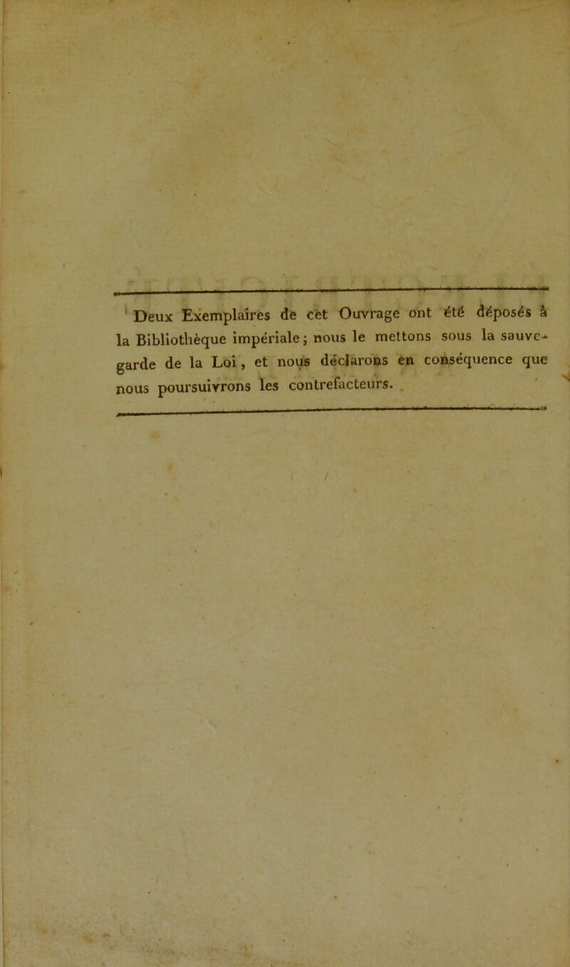 Deux Exemplaires de cet Ouvrage ont été déposés à la Bibliothèque impériale; nous le mettons sous la sauve- garde de la Loi, et nous déclarons en conséquence que nous poursuivrons les contrefacteurs.