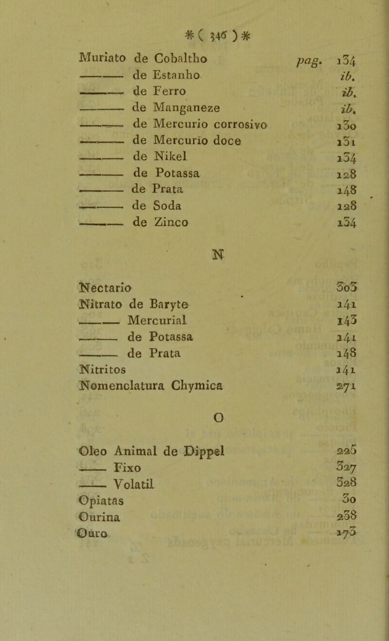 * ( ^45)* Muriato de Cobaltho pag. i34 de Estanho ib. de Ferro ib. de Manganeze ib. — de Mercúrio corrosivo i3o de Mercúrio doce i3i de Nikel i34 de Potassa 128 — de Prata 148 de Soda 128 de Zinco i34 N Nectario 3o3 Nitrato de Baryte i4i Mercurial 143 de Potassa a4i de Prata 148 Nitritos i4i Nomenclatura Chymica 271 O Oleo Animal de Dippel 225 Fixo 327 Volátil 328 Opiatas 3o Ourina 208 Ouro 173