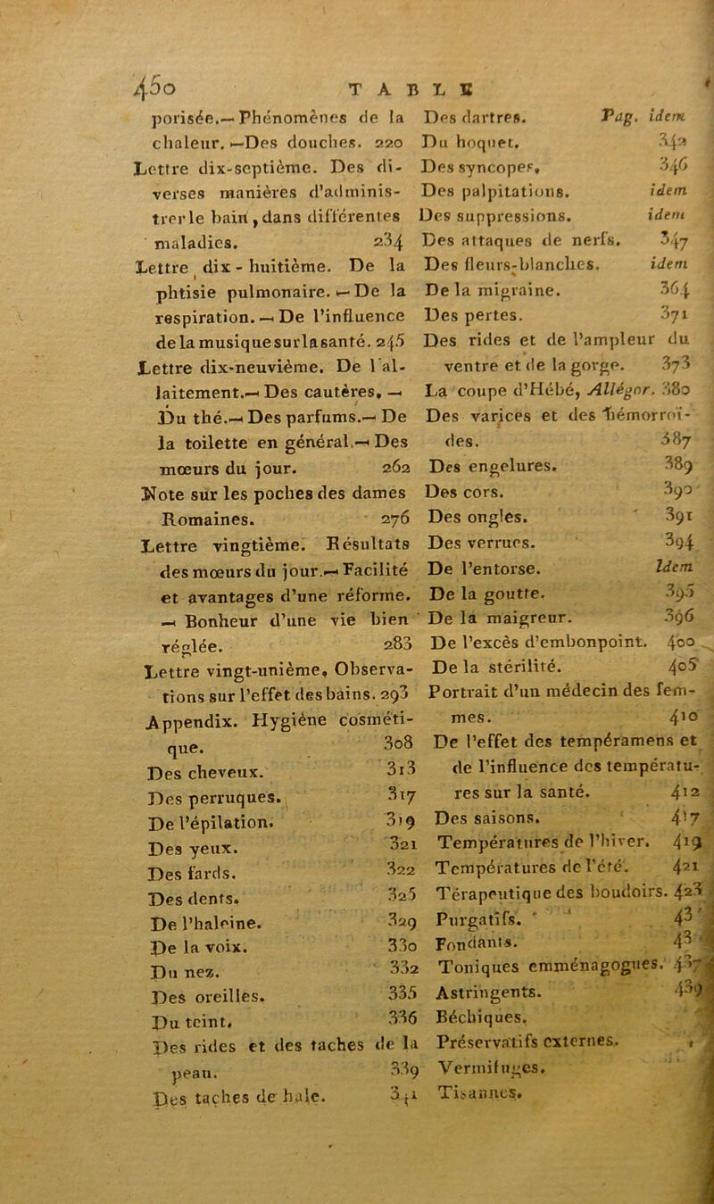 4-5o T A porisée.—Phénomènes de la chaleur. —-Des douches. 220 Lettre dix-septième. Des di- verses manières d’adminis- trer le bain,dans différentes maladies. 284 Lettre dix - huitième. De la l phtisie pulmonaire. — De la respiration. — De l’influence delamusiquesurlasanté. 24.') Lettre dix-neuvième. De 1 al- laitement.—Des cautères,— Du thé.— Des parfums.— De la toilette en général.— Des mœurs du Jour. 262 Note sur les poches des dames Romaines. 276 Lettre vingtième. Résultats des mœurs du jour.- Facilité et avantages d’une réforme. — Bonheur d’une vie bien réglée. 283 Lettre vingt-unième. Observa- tions sur l’effet des bains. 29a Appendix. Hygiène cosméti- Pag. idem .342 B L B Des dartres. Du hoquet. Des syncopes. Des palpitations. Des suppressions. Des attaques de nerfs. Des fleurs-blanches. % De la migraine. Des pertes. Des rides et de l’ampleur du ventre et de la gorge. 373 La coupe d’Hébé, Allégnr. 38o Des varices et des'îiémorroï- 346 idem, idem 347 idem 364 37i 387 389 390 391 3 94 Idem 39;5 396 4oo . 40S que. Des cheveux. Des perruques. De l’épilation. Des yeux. Des fards. Des dents. De l’haleine. De la voix. Du nez. Des oreilles. Du teint. 3o8 3i3 3i7 319 321 322 025 829 33o 332 333 336 Iles rides et des taches de la peau. 339 • ’ ‘ 1 3^1 Des taches de haie. des. Des engelures. Des cors. Des ongles. Des verrues. De l’entorse. De la goutte. De la maigreur. De l’excès d’embonpoint. De la stérilité. Portrait d’un médecin des fem- mes. 4’° De l’effet des tempéramens et de l’influence des températu- res sur la santé. 412 Des saisons. 4>7 Températures de l’hiver. Températures de l’cté. 421 Térapeutique des boudoirs. 42^ Purgatifs. ' 43 Fondants. 4^ Toniques emménagogues. 4’T Astringents. Bécbiques. Préservatifs externes. Vermifuges. Tiennes. 409 i