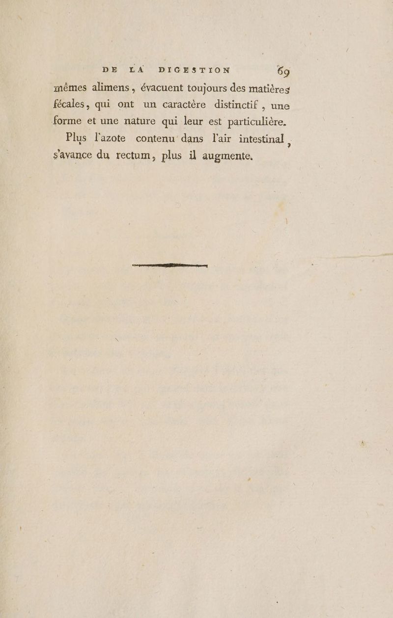 mêmes alimens, évacuent toujours des matières fécales, qui ont un caractère distinctif , une forme et une nature qui leur est particulière. Plus l'azote contenu dans l'air intestinal, s'avance du rectum, plus il augmente,