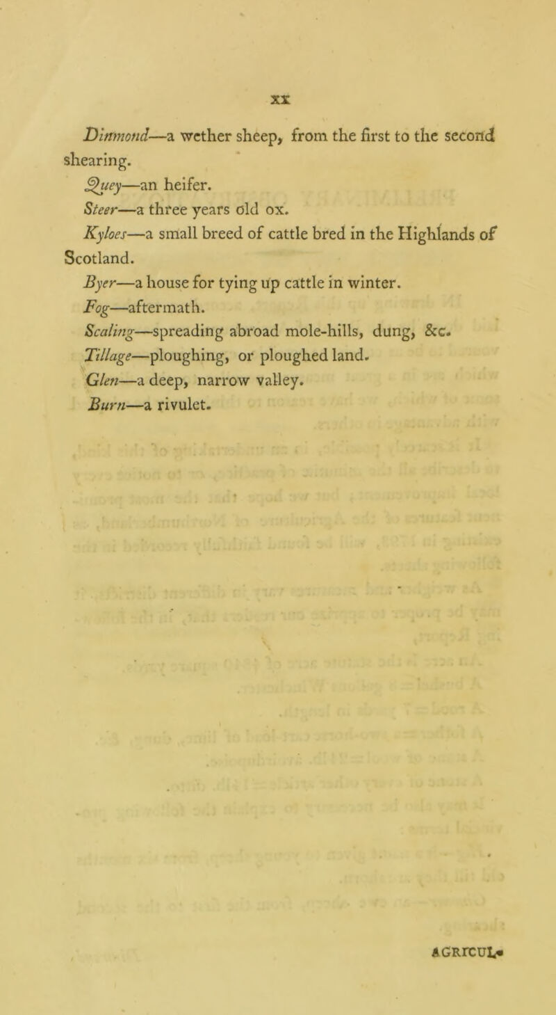 Dlfimond—a wether sheep, from the first to the second shearing. ^uey—an heifer. Steer—a three years old ox. Kyloes—a small breed of cattle bred in the Highlands of Scotland. Byer—a house for tying up cattle in winter. Fog—aftermath. Scalmg—spreading abroad mole-hills, dung, &c. Tillage—ploughing, or ploughed land. Glen—a deep, narrow valley. Burn—a rivulet. AGRreuL*