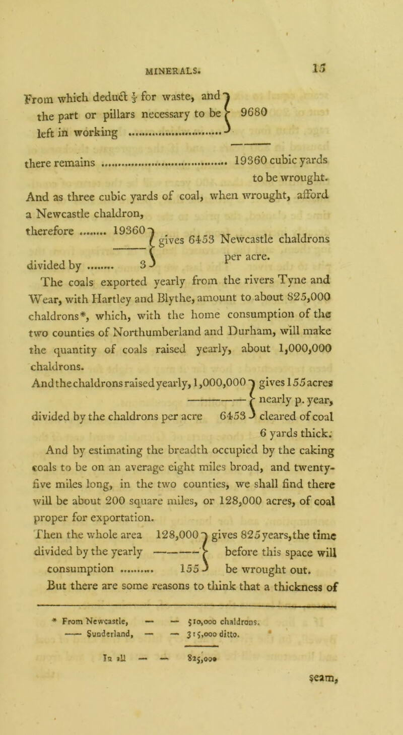 From which deduft §• for waste, and I the part or pillars necessary to be V 9680 left in working ^ there remains 19360 cubic yards to be wrought. And as three cubic yards of coal, when wrought, afford a Newcastle chaldron, therefore 19360) , xt i i u f gives 6453 Newcastle chaldrons divided by ^3 P'-'”'- The coals exported yearly from the rivers Tyne and Wear, with Hartley and Blythe, amount to about 825,000 chaldrons*, which, with the home consumption of the two counties of Northumberland and Durham, will make the quantity of coals raised yearly, about 1,000,000 chaldrons. And the chaldrons raised yearly, 1,000,000 gives 155acres ^ nearly p, year, divided by the chaldrons per acre 6453 3 cleared of coal 6 yards thick; And by estimating the breadth occupied by the caking coals to be on an average eight miles broad, and twenty- five miles long, in the two counties, we shall find there will be about 200 square miles, or 128,000 acres, of coal proper for exportation. Then the whole area 128,000) gives 825 years,the time divided by the yearly > before this space will consumption 155 3 be wrought out. But there are some reasons to think that a thickness of ♦ From Newcastle, — — $ 10,000 chaldrons. Sunderland, —- — 315,000 ditto. In all — — S25,oo» seam.