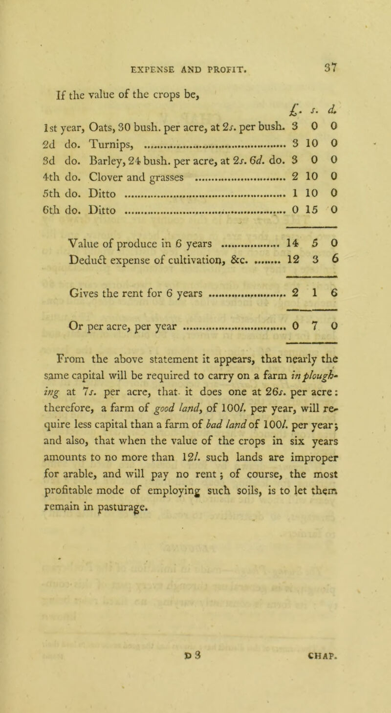 If the value of the crops be, . St 1st year, Oats, 30 bush, per acre, at 2s. per bush. 3 0 0 2d do. Turnips, 3 10 0 3d do. Barley, 24 bush, per acre, at 2s. 6d. do. 3 0 0 4th do. Clover and grasses 2 10 0 v*5th do. Ditto 1 10 0 6th do. Ditto 0 15 0 Value of produce In 6 years 14 5 0 Deduct expense of cultivation, &c 12 3 6 Gives the rent for 6 years 2 16 Or per acre, per year 0 7 0 From the above statement it appears, that nearly the same capital will be required to carry on a farm in plough- ing at 7j-. per acre, that- it does one at 26r. per acre: therefore, a farm of good landy of 100/. per year, will re*- quire less capital than a farm of bad land of 100/. per year; and also, that when the value of the crops in six years amounts to no more than 12/. such lands are improper for arable, and will pay no rent; of course, the most profitable mode of employing such soils, is to let them remain in pasturage.