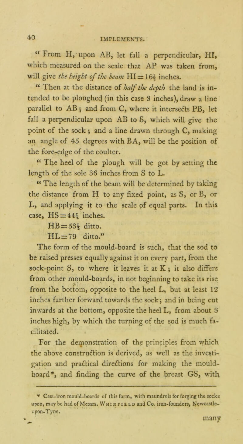 “From H, upon AB, let fall a perpendicular, HI, which measured on the scale that AP was taken from, will give the height of the beam HI = 16'5 inches. “ Then at the distance of half the depth the land is in- tended to be ploughed (in this case 3 inches), draw a line parallel to AB; and from C, where it intersects PB, let fall a perpendicular upon AB to S, which will give the point of the sock; and a line drawn through C, making an angle of 45 degrees with BA, will be the position of the fore-edge of the coulter. “ The heel of the plough will be got by setting the length of the sole 36 inches from S to L. “ The length of the beam will be determined by taking the distance from H to any fixed point, as S, or B, or L, and applying it to the scale of equal parts. In this case, HS = 44| inches. HB = 53^ ditto. HL = 79 ditto.” The form of the mould-board is such, that the sod to be raised presses equally against it on every part, from the sock-point S, to where it leaves it at K ; it also differs from other mould-boards, in not beginning to take its rise from the bottom, opposite to the heel L, but at least 12 inches farther forward towards the sock; and in being cut inwards at the bottom, opposite the heel L, from about 3 inches high, by which the turning of the sod is much fa- cilitated. For the demonstration of the principles from which the above construction is derived, as well as the investi- gation and practical directions for making the mould- boaird*, and finding the curve of the breast GS, with * Cast-iron mould-boards of this form, with maundrels for forging the socks upon, may be had of Messrs. Whi n n e ld and Co. iron-founders, Newcastle- upon-Tyne. many