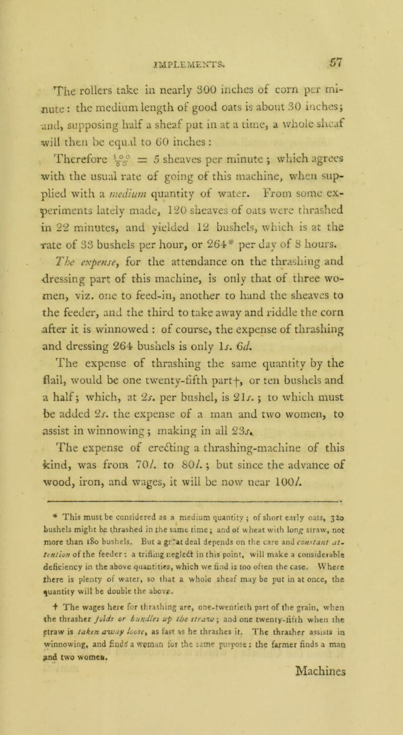 The rollers tnke in nearly 300 inches of corn per mi- nute : the medium length of good oats is about 30 inches; -and, supposing half a sheaf put in at a time, a whole sheaf will then be ecpi.d to GO inches: Therefore = 5 sheaves per minute ; which agrees with the usual rate of going of this machine, when sup- plied with a medium quantity of water. From some ex- periments lately made, 120 sheaves of oats were thrashed in 22 minutes, and yielded 12 bushels, which is at the rate of 33 bushels per hour, or 26i* per day of 8 hours. The expense^ for the attendance on the thrashing and <lressing part of this machine, is only that of three wo- men, viz. one to feed-in, another to hand the sheaves to the feeder, and the third to take away and riddle the corn after it is winnowed : of course, the expense of thrashing and dressing 264 bushels is only Ir. 6t/. The expense of thrashing the same quantity by the flail, would be one twenty-fifth partf, or ten bushels and a half; which, at 2s. per bushel, is 2lx.; to which must be added 2x. the expense of a man and two women, to assist in winnowing; making in all 23x*. The expense of erecting a thrashing-machine of this kind, was from 70/. to 80/.; but since the advance of wood, iron, and wages, it will be now near 100/. ■* This must be considered as a medium quantity ; of short early oats, 320 bushels might he thrashed in the same time; and of wheat with lon/j straw, not more than 180 bushels. But a gi 'atdeal depends on the care and constant at. tention of the feeder: a trifling negledt in this point, will make a considerable deficiency in the above quantities, which we find is too often the case. Where there is plenty of water, so that a whole sheaf maybe put in at once, the quantity will be double the above. + The wages here for thrashing are, one-twentieth part of the grain, when the thrasher Jolds or bundles u-p the straiu\ and one twenty-fifth when the etraw is taken aviay loose, as fast as he thrashes it. The thrasher assists in winnowing, and findd a woman for the same purpose; the farmer finds a man two womea. Machines