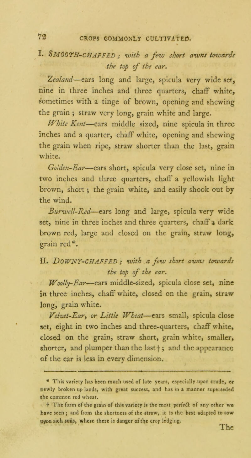 I. Sm60TH-CHAFFED ; ivith a few short awns towards the top of the ear. Zealand—ears long and large, spicula very wide set, nine in three inches and three quarters, chaff white, s’ometimes with a tinge of brown, opening and shewing the grain ; straw very long, grain white and large. White Kent—ears middle sized, nine spicula in three inches and a quarter, chaff white, opening and shewing the grain when ripe, straw shorter than the last, grain white. Golden-Ear—ears short, spicula very close set, nine in two inches and three quarters, chaff a yellowish light brown, short j the grain white, and easily shook out by the wind. Burwell-Red—ears long and large, spicula very wide set, nine in three inches and three quarters, chaff a dark brown red, large and closed on the grain, straw long, grain red*. II. Downt-CHAFFED ; with a few short awns towards the top of the ear. Woolly-Ear—ears middle-sized, spicula close set, nine in three inches, chaff white, closed on the grain, straw long, grain white. Velvet-Ear^ or Little Wheat—cars small, spicula close set, eight in two inches and three-quarters, chaff white, closed on the grain, straw short, grain white, smaller, shorter, and plumper than the lastf; and the appearance of the ear is less in every dimension. * This variety has been much used of late years, especially upon crude, or newly broken up lands, with great success, and has in a manner superseded the common red wheat. + The form of the grain of this variety is the most perfeft of any other we have seen; and from the shortness of the straw, it is the best adapted to sow upon rich soils, where there is danger of the crop lodging. The