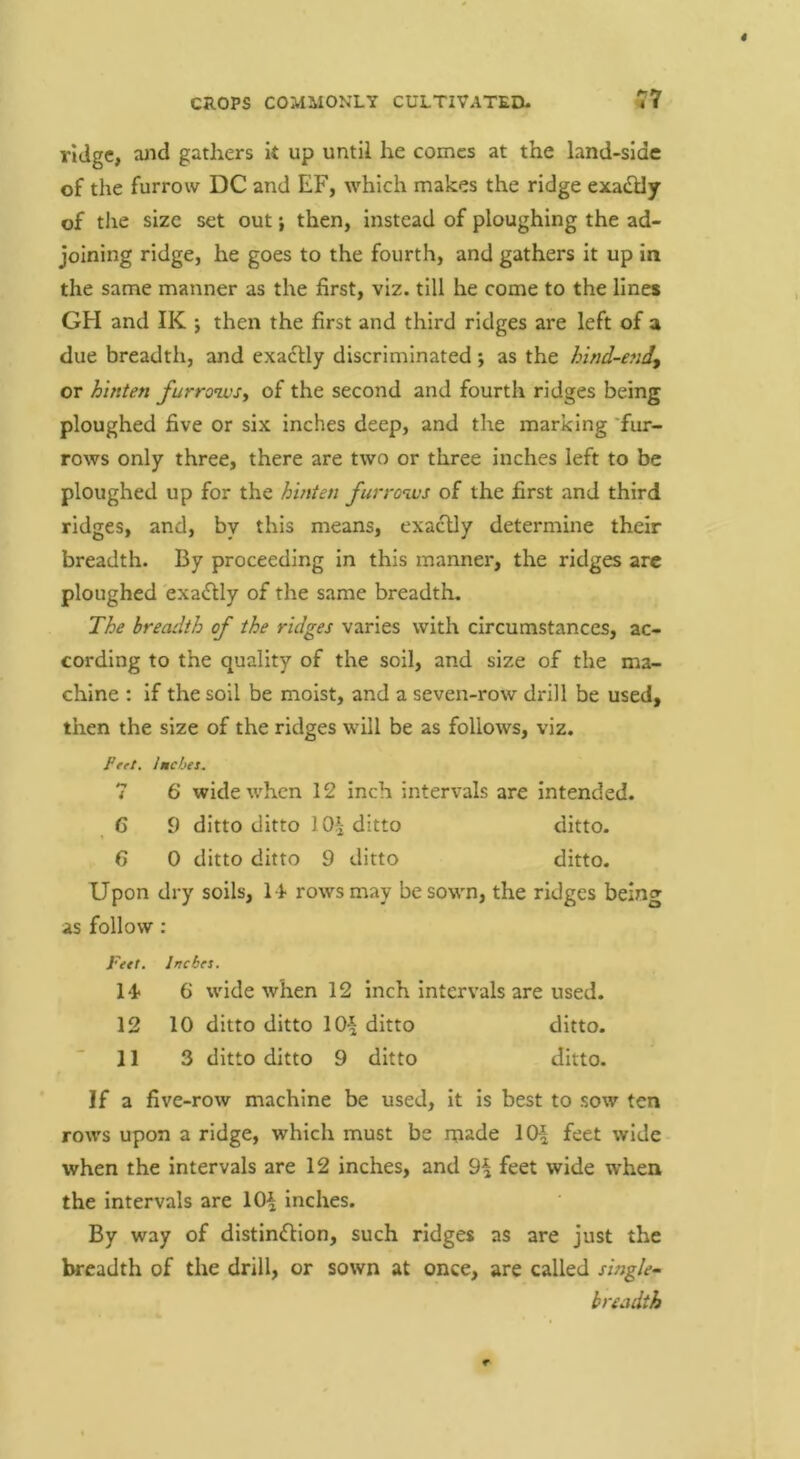 ridge, and gathers k up until he comes at the land-side of the furrow DC and EF, which makes the ridge exaikly of the size set out j then, instead of ploughing the ad- joining ridge, he goes to the fourth, and gathers it up in the same manner as the first, viz. till he come to the lines GH and IK j then the first and third ridges are left of a due breadth, and exactly discriminated; as the hind-end^ or hinten furronvs^ of the second and fourth ridges being ploughed five or six inches deep, and the marking 'fur- rows only three, there are two or three inches left to be ploughed up for the hinten furro^ws of the first and third ridges, and, by this means, exactly determine their breadth. By proceeding in this manner, the ridges arc ploughed exactly of the same breadth. The breadth of the ridges varies with circumstances, ac- cording to the quality of the soil, and size of the ma- chine ; if the soil be moist, and a seven-row drill be used. then the size of the ridges will be as follows, viz. Fret. . Inches, 6 wide when 12 inch intervals are intended. , 6 9 ditto ditto 10?j ditto ditto. 6 0 ditto ditto 9 ditto ditto. Upon dry soils, 14 rows may be sown, the ridges bein as follow Feet. Inches. 14. 6 wide when 12 inch intervals are used. 12 10 ditto ditto 10^ ditto ditto. ■ 11 3 ditto ditto 9 ditto ditto. If a five-row machine be used, it is best to sow ten rows upon a ridge, which must be made 10-| feet wide when the intervals are 12 inches, and 9^ feet wide when the intervals are 10^ inches. By way of distinflion, such ridges as are just the breadth of the drill, or sown at once, are called single- breadth