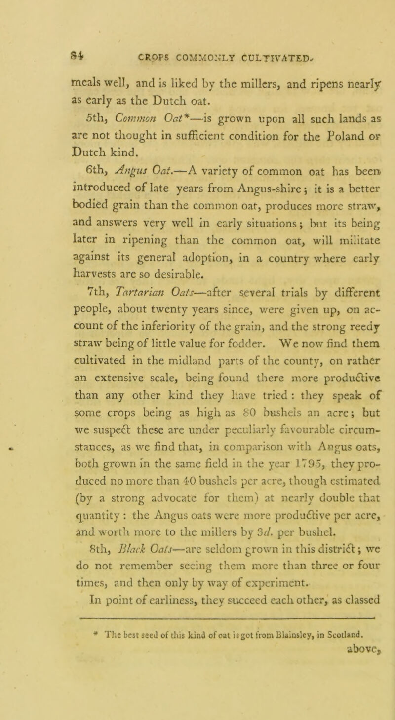 meals well, and is liked by the millers, and ripens nearly as early as the Dutch oat. 5th, Common Oat*—is grown upon all such lands as are not thought in sufficient condition for the Poland or Dutch kind. 6th, Angus Oat.—A variety of common oat has been introduced of late years from Angus-shire ; it is a better bodied grain than the common oat, produces more straw, and answers very well in early situations; but its being later in ripening than the common oat, will militate against its general adoption, in a country where early harvests are so desirable. 7th, Tartarian Oats—after several trials by different people, about twenty years since, were given up, on ac- count of the inferiority of the grain, and the strong reedy straw being of little value for fodder. We now find them cultivated in the midland parts of the county, on rather an extensive scale, being found there more produdlivc than any other kind they have tried : they speak of some crops being as high as SO bushels an acre; but we suspeft these are under peculiarly favourable circum- stances, as we find that, in comparison with Angus oats, both grown in the same field in the year 1795, they pro- duced no more than 40 bushels per acre, though estimated (by a strong advocate for them) at nearly double that quantity : the Angus oats were more produftive per acre, and worth more to the millers by 3r/. per bushel. Sth, Black Oats—are seldom grown in this district; we do not remember seeing them more than three or four times, and then only by way of experiment. In point of carliness, they succeed each other, as classed * The best seed of this kind of oat is got from Blainsley, in Scotland. above.