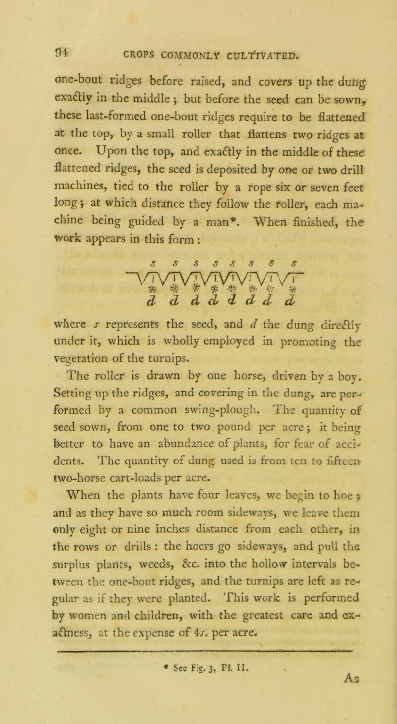 Hi CROPS C0:\IM0NLY CUL'frVATED. onc-bout ridges before raised, and covers up the dung exadlly in the middle j but before the seed can be sown, these last-formed one-bout ridges require to be flattened at the top, by a small roller that flattens two ridges at once. Upon the top, and exactly in the middle of these flattened ridges, the seed is deposited by one or two drill machines, tied to the roller by a rope six or seven feet long j at which distance they follow the roller, each ma- chine being guided by a man*. When finished, the tvork appears in this form : s s s d d d d d d d d where j* represents the seed, and d the dung directly under it, which is wholly employed in promoting the vegetation of the turnips. The roller is drawn by one horse, driven by a bov. Setting up the ridges, and covering in the dung, are per-< formed by a common swing-plough. The quantity of seed sown, from one to two pound per acre; it being better to have an abundance of plants, for fear of acci- dents. The quantity of dung used is from ten to fifteen two-horse cart-loads per acre. When the plants have four leaves, we begin to hoe j and as they have so much room sideways, we leave them only eight or nine inches distance from each other, in the rows or drills : the hoers go sideways, and puU the surplus plants, weeds, &c. into the hollow intervals be- tween the one-bout ridges, and the turnips are left as re- gular as if they were planted. This work is performed by women and children, with the greatest care and ex- afbiess, at the expense of 4j-. per acre. • Sec Fig. 3, Pi. II. As