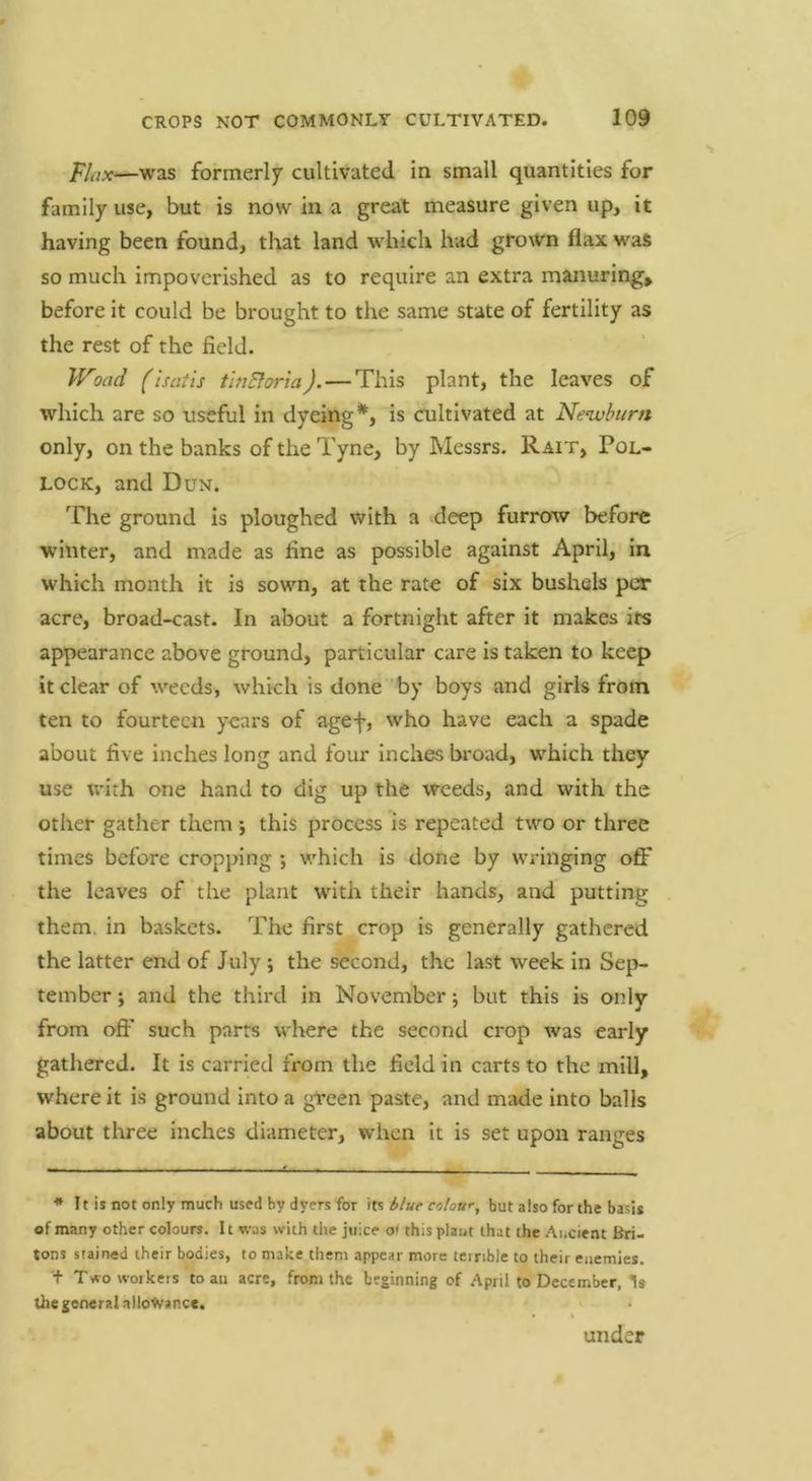 was formerly cultivated in small quantities for family use, but is now in a great measure given up, it having been found, that land which had grown flax was so much impoverished as to require an extra manuring^ before it could be brought to the same state of fertility as the rest of the field. IFoad (Isatis tinBoria).—This plant, the leaves of which are so useful in dyeing*, is cultivated at Nenvburn only, on the banks of the Tyne, by Messrs. Rait, Pol- lock, and Dun. The ground is ploughed with a deep furrow before winter, and made as fine as possible against April, in which month it is sown, at the rate of six bushels per acre, broad-cast. In about a fortnight after it makes its appearance above ground, particular care is taken to keep it clear of weeds, which is done by boys and girls from ten to fourteen years of agef, who have each a spade about five inches long and four inches broad, which they use with one hand to dig up the weeds, and with the other gather them ; this process is repeated two or three times before cropping ; which is done by wringing off the leaves of the plant with their hands, aiKl putting them, in baskets. The first crop is generally gathered the latter end of July; the second, the last week in Sep- tember ; and the third in November j but this is only from such parts where the second crop was early gathered. It is carried from the field in carts to the mill, where it is ground into a green paste, and m<Mle into balls about three inches diameter, when it is set upon ranges * 11 is not only much used by dyers for its blue colour, but also for the basis of many other colours. It was with the juice o' thisplaut that the Ancient Bri- tons stained their bodies, to make them appear more terrible to their enemies. t Two workers to an acre, from the beginning of April to December, Is the general allowance. under