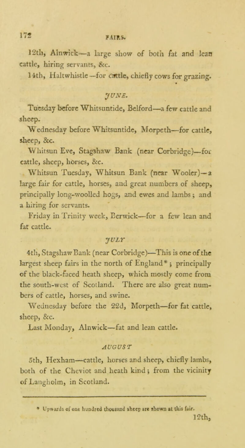 12tli, Alnwick—a large show of both fat and lean cattle, hiring servants, &c. 14-th, Halt whistle —for ctrttlc, chiefly cows for grazing. yuN£, Tuesday before Whitsuntide, Bclford—a few cattle and sheep. Wednesday before Whitsuntide, Morpeth—for cattle, sheep, &c. Whitsun Eve, Stagshaw Bank (near Corbridge)—for cattle, sheep, horses, &c. Whitsun Tuesday, Whitsun Bank (near Woolcr)—a large fair for cattle, horses, and great numbers of sheep, principally long-woolled hogs, and ewes and lambs ; and a hiring for servants. Friday in Trinity week, Berwick—for a few lean and fat cattle. JULY 4 th, Stagshaw Bank (near Corbridge)—This is one of the largest sheep fairs in the north of England* ; principally of the black-faced heath sheep, which mostly come from the south-west of Scotland. There are also great num- bers of cattle, horses, and swine. Wednesday before the 22d, Morpeth—for fat cattle, sheep, &c. Last Monday, Alnwick—fat and lean cattle. AUGUST 5th, Hexham—cattle, horses and sheep, chiefly lambs, both of the Cheviot and heath kind; from the vicinity of Langholm, in Scotland. * Upwards of one hundred thousand sheep are shown at this fair. 12th,
