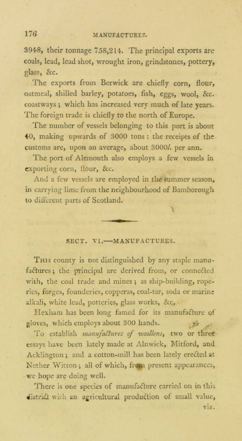 MANUFACTURE?. 394-8, their tonnage 758,214. The principal exports are coals, lead, lead shot, wrought iron, grindstones, pottery, glass. See. The exports from Berwick are chiefly corn, flour, oatmeal, shilled barley, potatoes, fish, eggs, wool, &c. coastways ; which has Increased very much of late years. The foreign trade is chiefly to the north of Europe. The number of vessels belonging to this port is about 4-0, making upwards of 3000 tons : the receipts of the customs are, upon an average, about 3000/. per ann. The port of Alemouth also employs a few vessels In exporting corn, flour, &c. And a few vessels are employed in ,the'summer season, in carrying lime from the neighbourhood of Bamborough lo diflerent parts of Scotland. SECT. VI. MANUFACTURES. This county is not distinguished by any staple manu- fa(5tures; the principal are derived from, or connefled with, the coal trade and mines ; as ship-building, rope- ries, forges, founderies, copperas, coal-tar, soda or marine alkali, white lead, potteries, glass works, &c, Hexham has been long famed for its manufafturc of gloves, which employs about 300 hands. y. To establish manufaBures of woollens^ two or three essays have been lately made at Alnwick, Mitford, and Acklington ; and a cotton-mill has been lately erected at Nether Witton ; all of which, frqpi present appearances, -we hope ar^ doing well. There is one species of manufa^lure carried on in this iistrith with an agricultural production of small value, viz.