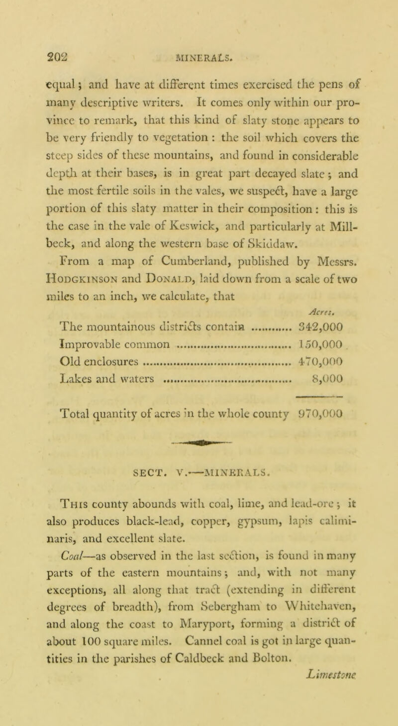 equal; and have at different times exercised the pens of many descriptive writers. It comes only within our pro- vince to remark, that this kind of slaty stone appears to be very friendly to vegetation : the soil which covers the steep sides of these mountains, and found in considerable dcpUi at their bases, is in great part decayed slate; and the most fertile soils in the vales, we suspc^I, have a large portion of this slaty matter in their composition : this is the case in the vale of Keswick, and particularly at Mill- beck, and along the western base of Skiddaw. From a map of Cumberland, published by Messrs. Hodgkinson and Donald, laid down from a scale of two miles to an inch, we calculate, that Acres. The mountainous districts contain 34'2,000 Improvable common 150,000 Old enclosures 4-70,000 Lakes and waters 8,000 Total quantity of acres in the whole county 970,000 SECT. V. MINERALS. This county abounds with coal, lime, and lead-ore •, it also produces black-lead, copper, gypsum, lapis calimi- naris, and excellent slate. Coal—as observed in the last section, is found in many parts of the eastern mountains *, and, with not many exceptions, all along that tracl (extending in diderent degrees of breadth), from Sebergham to Whitehaven, and along the coast to Maryport, forming a district of about 100 square miles. Cannel coal is got in large quan- tities in the parishes of Caldbeck and Bolton. Limestone.
