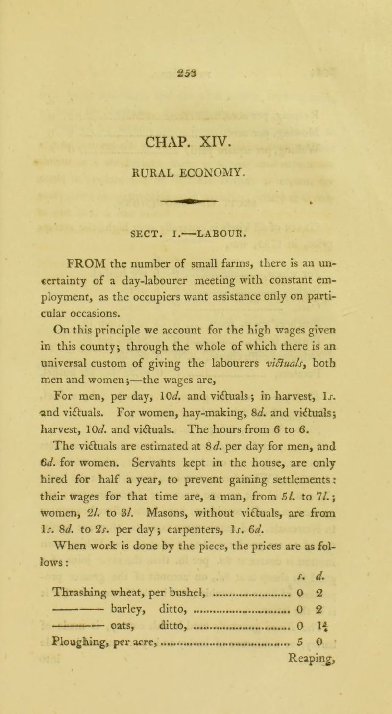 CHAP. XIV. RURAL ECONOMY. SECT. I. LABOUR. FROM the number of small farms, there is an un- certainty of a day-labourer meeting with constant em- ployment, as the occupiers want assistance only on parti- cular occasions. On this principle we account for the high wages given In this county, through the whole of which there is an universal custom of giving the labourers viBuals, both men and women *,—the wages are, For men, per day, lOd. andvidhials; in harvest, lx. -and victuals. For women, hay-making, Sd. and vlifuals; harvest, \0d. and victuals. The hours from 6 to 6. The victuals are estimated at Sd. per day for men, and 6</. for women. Servants kept in the house, are only hired for half a year, to prevent gaining settlements; their wages for that time are, a man, from 5/. to 7/.; women, 2/. to 3/. Masons, without victuals, are from Is. 8d. to 2/. per day; carpenters, Ij. 6d. When work is done by the piece, the prices are as fol- lows : /. d. Thrashing wheat, per bushel, 0 2 barley, ditto, 0 2 oats, ditto, 0 Ploughing, per acre, 5 0 • Reaping,