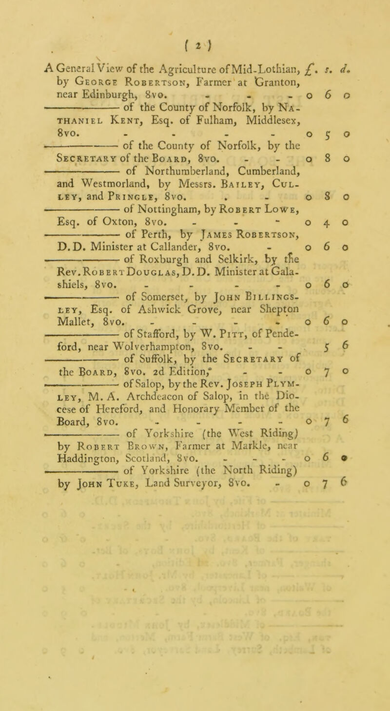 ( 2 ) A General View of the Agriculture of Mid-Lothian, by George Robertson, Farmer'at Granton, near Edinburgh, 8vo. - - _ of the County of Norfolk, by Na- thaniel Kent, Esq. of Fulham, Middlesex, 8vo. - . _ - • of the County of Norfolk, by the Secretary of the Board, 8vo. of Northumberland, Cumberland, and Westmorland, by Messrs. Bailey, Col- ley, and Pringle, 8vo. of Nottingham, by Robert Lowe, Esq. of Oxton, 8vo. - - - of Perth, by James Robertson, D. D. Minister at Callander, 8vo. of Roxburgh and Selkirk, by the Rev. Robert Douglas, D.D. Minister at Gala- shiels, 8vo. - — of Somerset, by John Billings- ley, Esq. of Ashwick Grove, near Shepton Mallet, 8vo. - of Stafford, by W. Pitt, of Pende- ford, near Wolverhampton, 8vo. of Suffolk, by the Secretary of the Board, 8vo. 2d Edition,* of Salop, by the Rev. Joseph Plym- LEY, M. A. Archdeacon of Salop, in the Dio- cese of Hereford, and Honorary Member of the Board, 8 VO. - ■ ■ ■ of Yorkshire (the West Riding) by Robert Brown, Farmer at Marklc, near Haddington, Scotland, Bvo. . _ . _____ of Yorkshire (the North Riding) by John Tuke, Land Surveyor, 8vo. £. s. d. 060 050 080 080 040 060 060 060 S 6 070 076 6 9 7 6 o