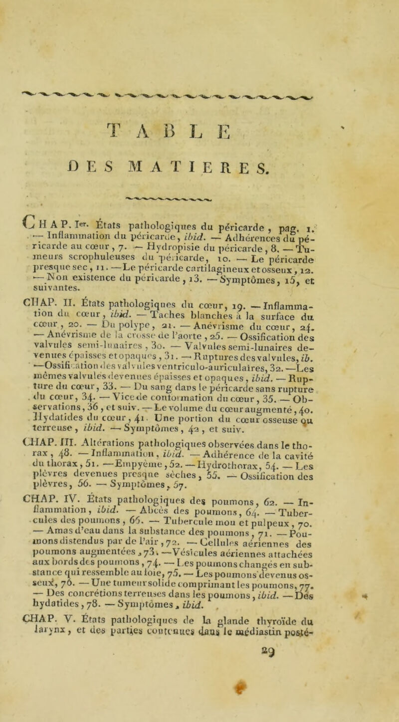 T A B L E D E S MATIERE S. H A P. Ier* États pathologiques du péricarde , pag, 1. — Inflammation du péricarde, ibid. — Adhérences du pé- ricarde au cœur , 7. — Hydropisie du péricarde, 8. — Tu- meurs scrophuleuses du péricarde, 10. — Le péricarde presque sec ,11. —Le péricarde cartilagineux etosseux, 13. — Non existence du péricarde, i3. —Symptômes, i5, et suivantes. Cil AP. II. États pathologiques du cœur, 19. — Inflamma- tion du cœur, ibid. • Taches blanches à la surface du. cœur, 20. Du polype, ai. —Anévrisme du cœur, 24. ” Anévrisme de la crosse de l’aorte , 25. — Ossification des valvules semi-lunaires , 3o. —Valvules semi-lunaires de- venues épaisses etopaques , 3i. — Rupturesdcs valvules, ib. —Ossification des valvules ventriculo-auriculaires, 32. —Les mêmes valvules devenues épaisses et opaques, ibid. — Rup- ture du cœur, 33. — l 'u sang dans le péricarde sans rupture du cœur, 34. —Vicede conformation du cœur, 35. — Ob- servations , 36 , et suiv. — Le volume du cœur augmenté, 40. Hydatides du cœur, 41- Une portion du cœur osseuse ou terreuse , ibid. —• Symptômes , 43 , et suiv. ŒAP. III. Altérations pathologiques observées dans le tho- îax, 4S. — Inflammation , ibid. —-Adhérence de la cavité du thorax , 5i. —Empyème,5a. —Hydrothorax, 54. — Les plèvres devenues presque sèches, 55. — Ossification des plèvres, 56. —Symptômes. 67. CHAP. IV. États pathologiques des poumons, 62. — In- flammation, ibid. -—Abcès des poumons, 64. —Tuber- cules des poumons , 64. — Tubercule mou et pulpeux , 70. Amas d’eau dans la substance des poumons, 71. Pou- uaons distendus par de Pair, 72. — Cellules aériennes des poumons augmentées ,73v —Vésicules aériennes attachées aux bords des poumons ,74' — Les poumons changés en sub- stance qui ressemble au foie, 7.5. — Les poumons devenus os- seux, 76. Une tumeur solide comprimant les poumons, 77. — Des concrétions terreuses dans les poumons, ibid. — Des hydatides, 78. — Symptômes * ibid. CHAP. V. États pathologiques de b glande thyroïde du larynx, et des parties contenues (bus le médiastin pos.té- 29 t