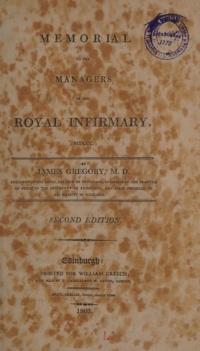 MEMO R I'L TO THE MANAGERS OF THE “ROYAL, INFIRMARY. MDCCC. JAMES GREGORY, M. D. PRESIDENT OF THE ROYAL COLLEGE OF PHYSICIANS, PROFESSOR OF THE PRACTICE OF PHYSIC IN THE UNIVERSITY OF EDINBURGH, AND FIRST PHYSICIAN TO HIS MAJESTY IN SCOTLAND, SECOND EDITION. RH FBOH GOS a0 Edinburgh : PRINTED FOR WILLIAM CREECH: ‘AND SOLD BY T. CADELLYAND W. DAVIES, LONDON. ALEX, SMELLIE, Printer, Anchor Close PP @&lt;&lt;— 1803.