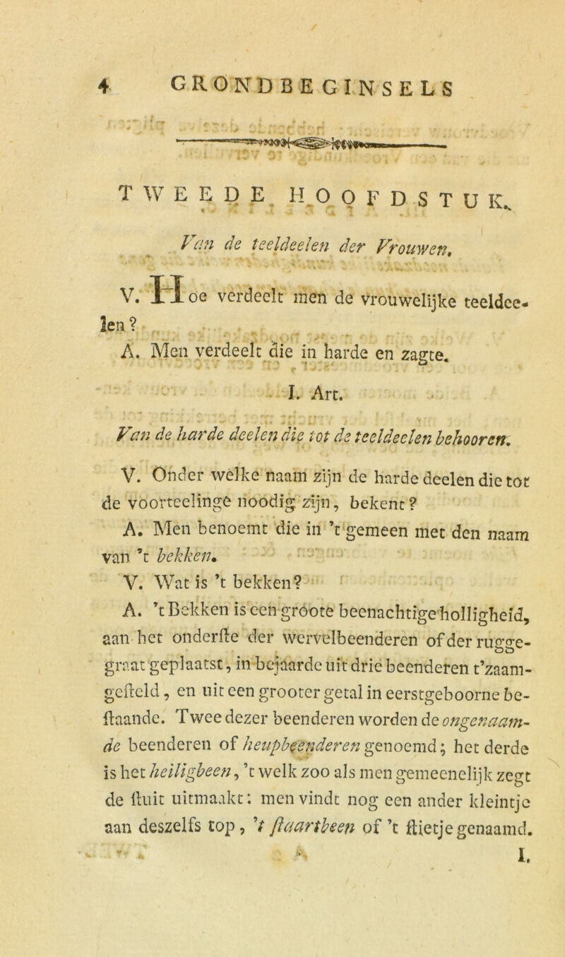 . <i -< .» j i vl.»' r r' r • ■■,.■■, , . ï :; o * • T W EED ^ HOOFDSTU K.. Van de te el deel en der Vrouwen, ' C v.'. - •.;• V . V.-.xeV: i i'.yAï.xl. V. Hoe verdeelt men de vrouwelijke teeldee- len? A. Men verdeelt die in harde en zagte. L Art. ■ Van de harde deel en die tot de teel deden behoor en. V. Onder welke naam zijn de harde deelen die tot de voorteelinge noodig zijn, bekent? A. Men benoemt die in ’t gemeen met den naam van ’t bekken• V. Wat is ’t bekken? A. ’t Bekken is een gróote beenachtige holhVhefd, aan het onderfte der wervelbeenderen of der rim-o-e- graat geplaatst, in bejaarde uit drie beenderen t’zaam- gefteld, en uit een grooter getal in eerstgeboorne bc- iïaandc. Twee dezer beenderen worden de ongenaam- de beenderen of heupbeenderen genoemd; het derde is het heiligbeen, ’t welk zoo als men gemeenelijk zegt de ftuit uitmaakt: men vindt nog een ander kleintje aan deszelfs top, V ftaartbeen of ’t Ilietjegenaamd. I. ▼T *