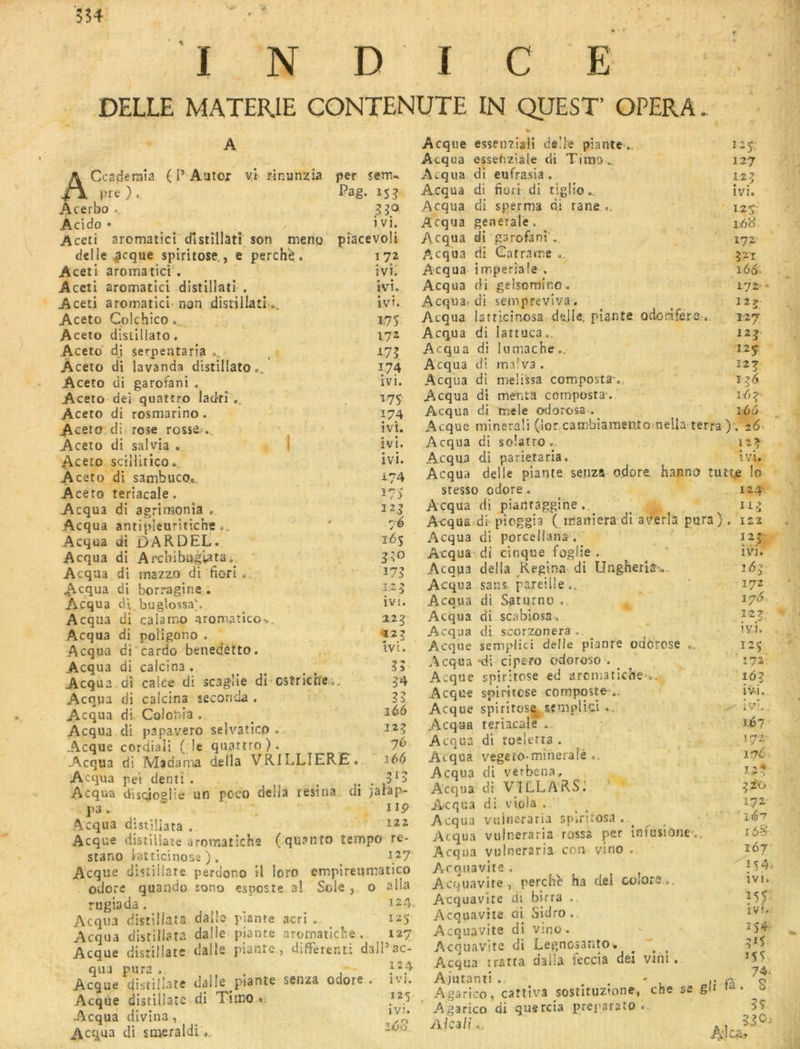 554 I N D I C E DELLE MATERIE CONTENUTE IN QUEST’ OPERA. ACcaderaîa ( l’Aîitor vt rinunzia per sem- pre). Pag. 15 J Acerbo .. gga Acido * , , , Accti aromaticî dîstîlhti son menp pîacevoli delle ^cque spiritose., e perché . 172 Aceti aromaticî . ivi. Accti aromaticî distlllatî . Aceti aromaticî non distillati.. Aceto Cülchico. Aceto disiillato. Aceto di serpeataria Àceto di lavanda distillatOa. Aceto di garofani , Aceto dei quattro ladrî Aceto di rosmarino. Aceto di rose rosse^-.. Aceto di salvia . I Aceto scillltico,.. Aceto di sambuco» Àceto terîacale. Acqua di agriraonîa . Acqua antipieuritiche.. Acqua di DARDEL. Acqua di Archibugiata Acqua di mazzo di fiorî.. Acqua di borragine . Acqua cU bugloîsab Acqua di calamo aromatico,,. Acqua di poligono . Acqua di cardo benedetto. , Acqua di calcina . Acqua di caice di scaglie di csîriciïea, Acqua di calcina seconda . Acqua di Colouia . Acqua di papavero selvatico.. Acque cordiaü ( le quatrro). Acqua di Madama délia VRILLIERK. idd Acqua pei demi . . i- • Acqua discioglie un poco délia résina di jatap- pa, iip Acqua distiÜata . 122 Acque distiliaie aromatiche (quanîo tempo re- stano iaiticinose ) . Acque distiilare perdono il loro empireumatico odore quandü sono esposte aî Sole, o alla rugiada. Acqua distiÜata dalle plante acri . 125 Acqua disrillata dalle plante aromatiche. 127 Acque distillate dalle plante, differenti dall’ac- qui pura . , Acque distillate dalle pianie senza odore. ivj. Acque distillate di Timo ». Acqua divina, ^ ‘ Acqua di snieraidi ivi. ivi. I7S 172 A7? 174 ivi. 175 174 ivi. ivl. ivi. i?4 175 I2g ré 16$ ^;o 375 1.25 ivi. 22^ 527 IVt. 54 166 32? 76 Acque essejtziaiî deÜe piante». 125; Acqua essefiziàle di Timo.. 127 Acqua di eufrasia . 12? Acqua di fiori di tiglio., ivi. Acqua di sperma d.i rane .. 125- Acqua generale . ^ 1/38 Acqua di garofani . 172 Acqua di Gatrame . 521 Acqua impériale . i66. Acqua di gelsomino-. 172 * Acquai di sempreviva. _ 12? Acqua latricinosa ddle. piante odorifera . 127 Acqua di lattuca.. I2j- Acqua di lu mâche,, 125 Acqua dt ma!va . 125 Acqua di melissa composta ,. 156 A.cqua di menta composta-. id? Acqua di mele odorosa . 160 Acque minerali (!or cambiameDjto nella terra ) . 26 Acqua di solatro . 12? Acqua di parietaria. ivi. Acqua delle piante setiza odore hanna îutt,e lo stesso odore, 124 Acqua di pianraggihei i? Acqua.di'pioggia ( maniera dia^erla pura). 122 Acqua di porcellana . I2| Acqua di cinque foglie . ' ivi. Acqua délia Regina di Ungheiià-.. 16; Acqua sans, pareille,. ' 172 Acqua di Saturno ' 37>^' Acqua di scabiosa . 32^ Acqua di scorzonera,. ’-Vi. Acque semplici delle pîanre odorose ». 125 Acqua -di cipero odoroso . 172 Acque spiritose ed arcniatiche-,. 16? Acque spiritose composte ,. ivi, Acque spiritos^ semplici .. iv'.. Acqua teriacale , ré? Acqua di toeletta . ^7'^' Acqua vegeîo-mineraîé 17^ Acqua di verbena, Acqua di ViLLARS: ?z-o Acqua di viola . ^ ^ 172 Acqua vulneraria splrltosa. _ ^ Acqua vulneraria rossa per iniusione,. t6*‘ Acqua vulneraria con vino , 167 Acquavite , Acquavite, perche ha del colore,, ivi. Acquavite ds birra 155 Acquavite di Sldro, Acquavite di vino. ' 354- Acquavite di Legnosanto. ^ ^ Acqua traita dalla feccia dsi vint . i55 Ajutanti . . ' A q Agarico, catîlva sostituzrone, che se gu • « Agarico di quercia preparato . Alcali... . . r\