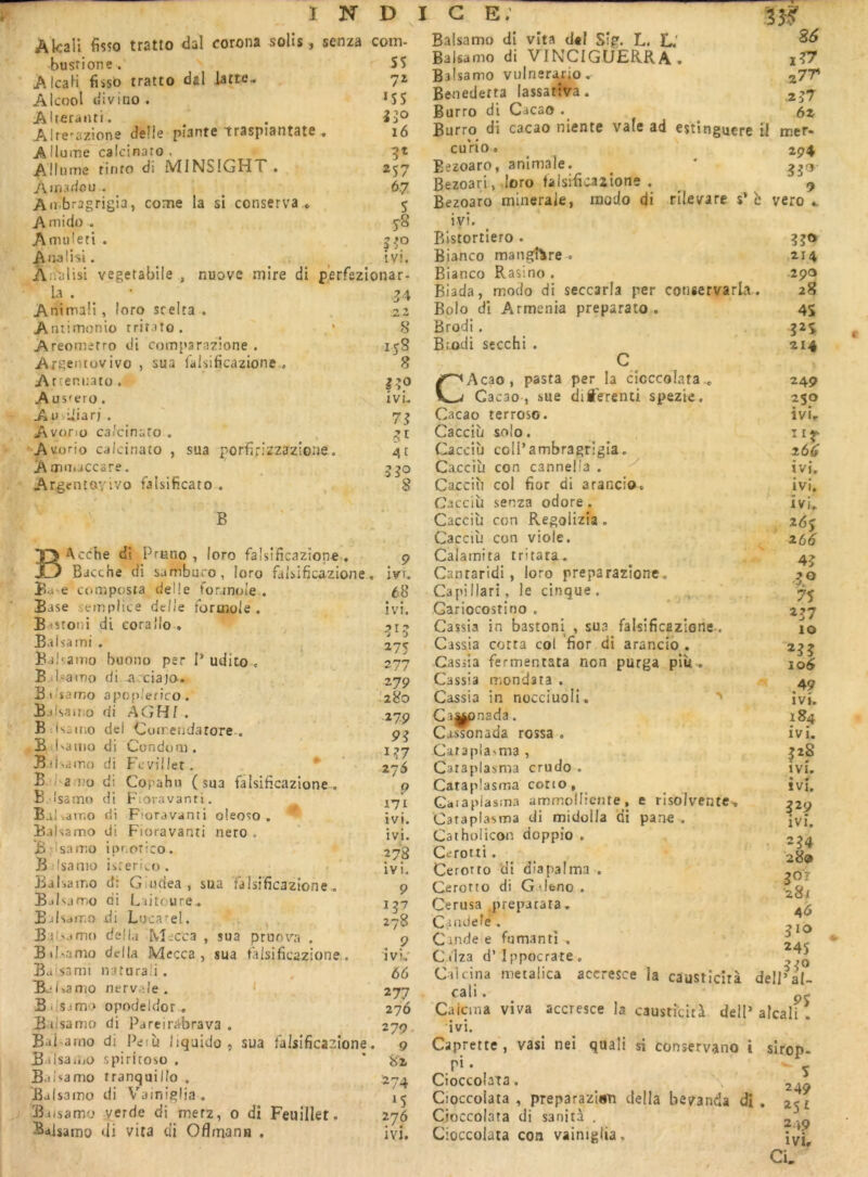 Akali fisîo tratto dal corona solis, senza com- bustion e. SS ÀlcaH fisso tratto cial latte- 71 Alcool (iivino . *SS Alferanri. ^ . 53*^ Alre'azions deîle piante traspiantate » 16 A Hume calcinato, ^ Allume finfo tii MINSIGHT . 257 Ainadou . ^ 6.7 Au bragrigia, corne la si conserva * 5 Amido . 78 Amuîeri . gfo Aoalisi. ^ ^ ivi. Aiùilisi vegetabile , nuove mire di perfezionar- la . Animali , loro srelta . Aniimonio rrirato . Areonîerro di comparazione . Argentuvivc , sua laisificazione c Arrenuato . Ausrero . AiO>Uiar;. Avono ca'dnaro . Avorio calcinato , sua porfirizzazioue. Amotaccare. Argenîoyivo falsificato , 86 iV7 B B‘\cche di Prano , loro faisîfîcazîope . Bacche di sambaro, loro falsificazione, Ba-e composta delle for.in«de . Base iemplice delle tormoie , B^sroni di corallo * , Bal sa mi , Babaino buono per P udito . B..I*aiT)o di a ciajo. Bi 'samo apopledco. Bjlsairio di AGHl . B:is2ino del Cujrendatore.. B-iUanio di Condom . Biin.imo di l'cviller. * ^ B.hamo di Copahu (sua falsificazione.. B.isamo di P'iovavanti. Badaitio di Fioravanti oleoso . Balsamo di Fioravanti nero . B-lsamo ipr.oîico. B 'Isamo isrerico . Balsamo d: Giudea , sua falsificazione . Bjisjmo di L'iitoure- Bjlsdir.o di Lucafel. ^ . Bil.samo délia Mecca , sua pruova . B diamo délia Mecca , sua falsificazione., Baisami naturaîi . BjUamo nervale . ' Biisimo opodeldor , Balsamo di Pareirabrava . BaParno di Peiù liquide, sua falsificazione. BalsaiOO spiritosü , Balsamo tranquillo , Balsamo di Vainiglia, Balsamo yerde di merz, 0 di Feuillet. Saisamo di vita di Ofirnann , 54 .22 8 15S 8 ivi. 75 51 4t 550 8 9 ivi. 68 • • IV!. 275 277 279 '280 27P 91 i?7 275 9 171 ivi. ivi. 278 ivi. 9 278 9 ivi' 6G 277 276 279. 9 82 274 AS 276 ivi. Balsamo di vita d«I Sig. L. L.' Balsamo di VINCIGUERRA. Balsamo vuinsrario, Benedetta lassativa. ^57 Burro di Cacao . (y% Burro di cacao niente va(e ad estinguere i! met- curio. ^ '' 294 Bezoaro, animale. ^ ' 55'^' Bezoari, loro falsificazione . ^ ^ Bezoaro minérale, modo di rilevare s* è vero .. ivi. Bistortiero . Bianco mangî^re . Bianco Rasino . Blada, modo di seccarla per conservarla Bolo dl Armcnia preparato . Brodi. Brxidi secchi . G CAcao, pasta per la cicccoîafa.e Cacao-, sue diferenti spezie. Cacao terrosG. Cacciù solo. Cacciù coli’ambragrigla. Cacciù con canneila . Cacciù col fior di aranciOc Cacciù senza odore . Cacciù con Regolizia. Cacciù con viole, Calamita tritata. Cantaridi, loro preparazione. Capillarî, le cinque . Gariocostino . Cassia in bastoni , sua falsificazione-, Cassia cotta col fior di arancio . Cassia fermentata non purga più-. Cassia mondata . Cassia in nocciuoli. C i^nada. Ca^onadâ rossa . Car3pla%ma , Cataplasma crudo . Caraplasma cono, Caiapiasma ammollicnte, e risolvente-, Cataplasma di midolla di pane . CathoHcon doppio . Cerotti. Gerorto di diapalma . Cerotto di G iieno . Cerusa .prepatata, Cfinciele.. Cinde e fumanti , Cilza d’ippocrate, C-ilcina metalica accresce la caustîcità cali. Gaicina viva accresce la causticità delP • • ivi. Gaprette , vasi neî quali si conservano i pi. Gioccolata. Cioccolata , preparaziGti délia bevanda di Gioccolata di sanità . Cioccolata con vainiglia. 55<> 214 290 . 28 4S 5^S 214 249 230 îvie ‘ir ivi, • » , IVl. > • • IVJ. 267 266 45 277 10 255 10^ ivi. 184 • • ivi. IVI. • • IVI. 529 ivi. • 254 28» 5^5'? 281 a6 510 245 550 deli’ al- alcali . sirop- S 249 . 251 249 ivi. CL
