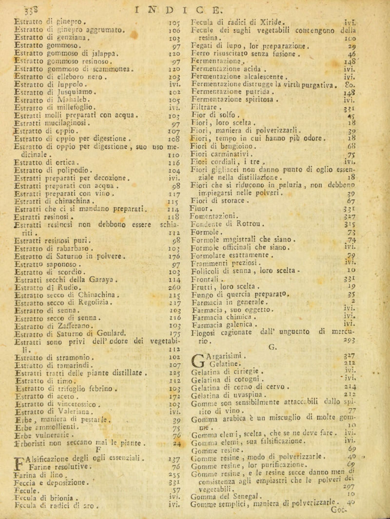 di gînepro, ... 105 di gtnepro aggrumato. lOô di genziana. gommoso. 97 gommoso di jalappa. 120 gommoso resinoso. 97 gommoso di scammonea. a 20 di elleboro nero . 103 di luppolo . ivi. di Jusquiamo, 102 di Mahaleb. di millefoglio. ivi. molli preparati con acqua. rnucilaginosi. 97 di cppio. 107 di cppio per digestione . 108 IVl. Esîratto di oppio per digestione , suo uso mé- dicinale . iio Estratto di ortica . 116 Estratto di poüpodio. 104 Estratti preparati per decozîone. ivi. Estratti preparati ct)n acqua . 98 Estratri preparati con vino, 117 Estratti di chinachina . 115 Estratti che ci si mandano preparati. 114 Estratti resinosi . 118 Estratti resincsi non debbono essere schia- ntl . Il 2 Estratti resinosi puri. 98 Estratto di rabarbaro . - 105 Estratto di Saturno in polvere. 176 Estratto saponoso . 97 Estratto di scordio. 103 Estratti secchi délia Garaya . 114 Estratto di Rudio, 260 Estratto secco di Chinachina . 115 Estratto secco di Regolizia. 117 Estratto di senna. 103 Estratto secco di senna . 116 Estratto di Zaiferano. 1^5 Estiattü di Saturno di Goulard. J75 Estratti sono privi deiP odore dei vegetabi- li. 112 Estratto di stramonio. 102 Estratto di ramarindi. 107 Estratti ’tratti delle plante distillate . 125 Estratto di timo. J12 Estratto di trifoglio febrino . 103 Estratto di aceto . 172 Estratto di vinceiossico . 103 Estratto di Valeriar.a. ivi. Ecbe, maniera di pestât le. 39 Elbe arnmollienii. 75 Erbs vulnerarie . 76 i'rboristi non seccano n-jal le pîsnte . F 24 ■j'^ Alsifîcazione degli ogli essenziali. 137 i Farine résolutive. 76 Farina di lino . 255 Feccia e deposizione. 331 Fficule. 57 Fecula di brionia . ivi. Fccula di radici di aro . ivi. Fecula di radici di Xiride. Fecule dei sughi vegetabili contengono délia résina. . ico Fegati di l'upo, lor prepa razione . 29 Ferro risuscitato senza fusione . 46 Ferrnenrazione , ■ ' ' ^ 148 Fermentazione acida . ivi. Fertnentazione alcalescente . ivi. Fermentazione distrugge la viriù purgativa. ?o. Fermenrazione put rida . . 14S Fermentazione spiritosa . ivi. Filtrare . Fior di solfo . 45 Fiori, loro scelta . 18 Fiori, maniera di polverizzarli. 39 Fiori, tempo in cui hanno piii odore. 18 Fiori di bsiigioino. , 68 Fiori carminativi. 7J Fiori cordiali, i tre ^ ivi. Fiori gigliacei non danno punto di ogiio essen- ziale nella distillazîone . 18 Fiori che si riducono in peluria , non debbcno impiegarsi nelle polveri. 39 Fiori di storace . 67 Fluor. ^ ^ 331 Fomentazioni. 327 Fcndenie di Rotrou . 315 Formole. ^ ^ 75 Formole magistrali che siano . ^74 Formoio officinali che siano. ivi. Formolare esattamente . Frammenri preziosi. ivi. FollicoU di senna , loro scelta- 10 Frontali . - 35^ Frutti, loro scelta . ip Fnngo di quercia preparaio, 35 Farmacia in generale. : ^ 2 Farmacia , suo oggctto. Farmacia chirnica . ivi. Farmacia galenica . ivi. Flogosi cagtonate dali’ unguento di mcrcu- rio. 293 G. C'Argarisimî . 327 J Gélatine. 212 Gelatina di ciriegie . jvi. Gelarina di cotogni . 'ivi. Gelatina di ccrno di cervo . 214 Gelarina di uvasplna . ziz Gomme son sensibilmente attacccbili dallo spt- lito di vino. ^ 77 Gomma arabica è un miscuglio di moite gom- liTW • 1 ' 'Gemma eleii i, scelta , che se ne aeve- tare . ivi. Gomma elemi, sna falsificazione. ivi- Gomme résiné. ... Gomme résiné , modo di poiverizzarle. 40 Gomme résiné, lor purificazione. 6p Gomme résiné , e le résiné secce danno men d* consistenza agli empiastri che le polveri dci vegetabili. . Gomma del Sénégal. ^ Gomme senipliçi, maniera di poiverizzarle . 4^ G oc-