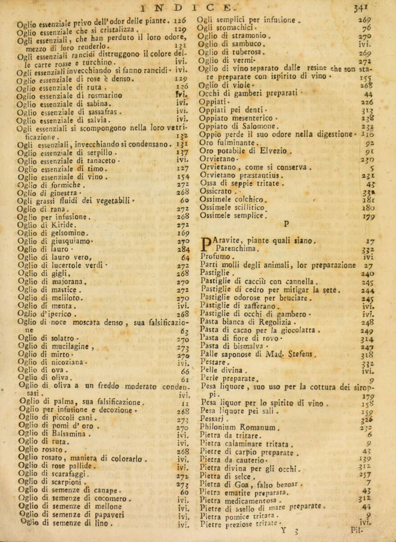 Oglio essenziale privo dell'odordelle piante, 126 Ogiio essenziale che si cnstalizza. izp Ogii essenziali, che han perduto il loro odore, rnezzo di loro renderlo. 151 Oclt essenziali rancidi distruggono il colore dei- le carte rosse e turchino. ivi. OpIî essenziali invecchiando si fanno rancidi • ivi. Ogiio essenziale di rose denso. 129 Ogiio essenziale di ruta . 1^6 Ogiio essenziale di rosmarino Tvl* Ogiio essenziale di sabina. ivi* Ogiio essenziale di sassafras . ivi. Ogiio essenziale di salvia. ivi» Ogli essenziali si scompongono nella loro vetri- iicazione » ^ ^ ^ Ogli essenziali, invecchiando si condensano. 13^ Ogiio essenziale di serpillo . i?7 Ogiio essenziale di tanaceto ' ivi» Ogiio essenziale di limo. , 127 Ogiio essenziale di vino . IS'^ Ogiio di formiche . 27^ Ogiio di ginesrra • _ ^ 268 Ogli grassi fluidi dei vegetabiü » 60 Ogiio dl rana. ^ 272 Ogiio per infusione . 268 OgUo di Kiride. ~ 272 Ogiio di gelsomino. .169 Ogiio di giusquiamo* 270 Ogiio di lauro • 284 Ogiio di lauro vero* 64 Ogiio di lucertole verdi • 272 Ogiio di gigli, 268 Ogiio di majorana’. • 270 Ogiio di mastice . 272 Ogiio di meliloto» 270 Ogiio di menta . ivi» OgJio d’iperico » 26S Ogiio di noce moscata denso , sua falsificazio- ne Ogl Ogi Ogl Ogl Ogl Ogl Ogl O di solatro O di mucilagine , 0 di mirto • o di nicoziana • O di ova . O di oliva. 270 -7? 270 ivi, 66 61 sas! O di, oliva a un freddo moderato conden. Ogl Ogl Ogl Ogl Ogl Ogl Ogl Ogl Ogl Ogl Ogl Ogl Ogl Ogl O di palma, sua falsificazione » O per infusione e decozione • O di piccoli cani , O di pomi d’oro , o di Balsamina » o di ruta. o rosato, o rosato, maniera di colorarlo » o di rose pallide , o di scarafaggt. o di scarpîoni ► o di semenze di canapé. o di semenze di cocomero » 0 di semenze di mellone 269 y6 270 Ogiio di semenze dî papaveri OgUo di semenze di lino . IVI. Il 268 27^ 270 IVI, ivi. 268 ivi, ivi. 272 ^7? 60 ivi. ivi. • • IVI. • • IVI. « • IVI. Ogli semplici^ per infusione . Ogli siomachici • Ogiio di stramonio. Ogiio di sambuco. Ogiio di luberosa. • 269 Ogiio di vermi» ^ 272 Ogiio di vino separato dalle résiné che son Sta- te preparate con ispîrito di vino • 1^5 Ogiio di viole ' ^ ^ 268 Occhi di gamberi preparati * 44 Oppiati- 226 Oppiati pei denti • 315 Oppiato mesenterico • 258 Oppiato di Salornone. ^ 252 Oppio perde il suo odore nella digestîone» iio Oro fulminante. 92 Oro potabile di Elvezio , pc Orvietano* 2jo Orvietano , corne si conserva , 5 Orvietano præstantius. 231 Ossa di seppie tritate . 45 Ossicrato . - ^5» Ossimele colchîco. » i8r Ossimele scillitico, 180 Ossimele semplice. 179 P PAravite, piante quali siano. 17 Parenchiina. gjz Profumo. ivi Parti molli degli animali, lor preparazione 27 Pastîglie . 240 Pastiglie di cacciù con cannella . 245 Pastîglie di cedro per mitigar la sete. 244 Pastiglie odorose per bruciare. ' 24s Pastiglie di zafFerano . ivi. Pastiglie di occhi di gambero • îvr» Pasta bianca di Regolizia . 248 Pasta di cacao per la giocolatta » 249 Pasta di fiore di rovo* 314 Pasta di bismalva ' 247 Pâlie saponose di Mail* Stefens, ' 518 Pestare, Pelle divîna . ivi. Perle preparate, 9 Pesa liquore , suo uso per la cottura dei slrop- pi ' . , 179 Pesa liquor per lo spirito di vino . 158 Pesa liquore pei sali » 159 Pessarj . Philonium Romanum, 2;^ Pietra da tritare. ^ Pietra calaminare tritata , 9 Pierre di carpio preparate . Pietra da cauterio» ^39 Pietra divina per gli occhi» Pietra di seice , ^^7 Pietra di Goa , faiso bezoar , 7 Pietra ematite preparata. Pietra medicamentosa . 3^^ Pierre di asello di mare preparate, 4> Pietra pomice tritata , 9 Pierre preziose tritare* Y ? Pli « •' IVI,