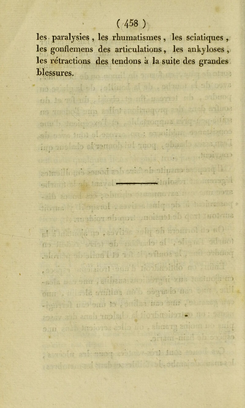 les. paralysies , les rhumatismes, les sciatiques, les gonflemens des articulations, les ankylosés, les rétractions des tendons à la suite des grandes blessures.