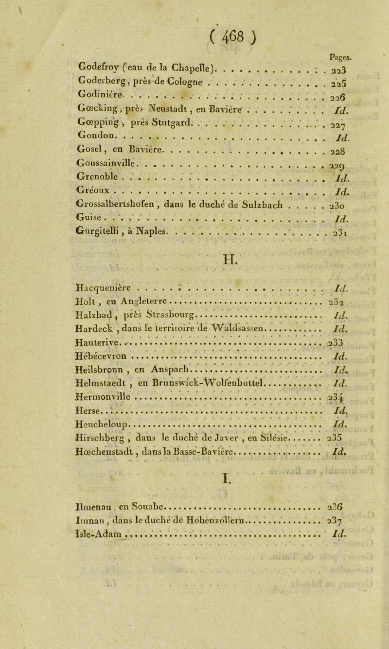 Pages. Godefroy (eau delà Chapelle) ; . 223 Goderberg, près de Cologne 225 Godinière 226 Gœcliing , près Neustadt, en Bavière' ' . . . . Id. Goepping , près Stutgard .227 Gondou Gosel, en Bavière 228 Coussainville 22^ Grenoble Jd. Gre'oux Jd, Grossalbertshofen , dans le duehé de Sulzbach 280 Guise Jd. Gurgilelli, à Naples 281 H. ïlacquenière ; Jd. Ilolt, en Angleterre 282 Halzbad , près Strasbourg Jd. Hardcck , dans le territoire de Waldsassen Jd. Hauterive. 233 Hébécevron Jd. Heilsbronn , en Anspach Jd, Helmstaedt , en Brunswick-Woîfenbuttel Id. Hennonvillc 23| Herse.. i Id. Heucheloup Id. Hirscbberg , dans le duché de Javer , eu Silésie 235 Hœchenstadt, dans la Basse-Bavière Id, I. Ihuenau en Souahc 286 Imnau , dans le duché de Hohcnzolleru.. 287 IsIC'Adam Id.