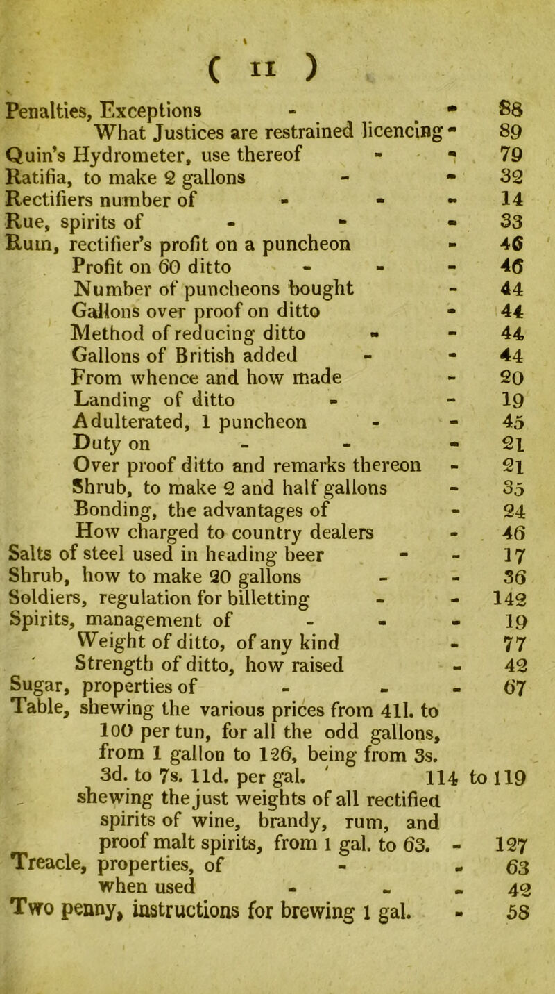 Penalties, Exceptions * m What Justices are restrained licencing- 89 Quin’s Hydrometer, use thereof 79 Ratifia, to make 2 gallons - 32 Rectifiers number of •» 14 Rue, spirits of m 33 Rum, rectifier’s profit on a puncheon m 46 Profit on 60 ditto - 46 Number of puncheons bought - 44 Gallons over proof on ditto - 44 Method of reducing ditto - 44 Gallons of British added m 44 From whence and how made - 20 Landing of ditto - 19 Adulterated, 1 puncheon - 45 Duty on - 21 Over proof ditto and remarks thereon - 21 Shrub, to make 2 and half gallons - 35 Bonding, the advantages of - 24 How charged to country dealers - 46 Salts of steel used in heading beer - 17 Shrub, how to make 20 gallons - 36 Soldiers, regulation for billetting - 142 Spirits, management of - 19 Weight of ditto, of any kind - 77 Strength of ditto, how raised _ 42 Sugar, properties of - 67 lable, shewing the various prices from 411. to lOO per tun, for all the odd gallons, from 1 gallon to 126, being from 3s. 3d. to 7s. lid. per gal. ' 114 to 119 shewing the just weights of all rectified spirits of wine, brandy, rum, and proof malt spirits, from l gal. to 63. - 127 Treacle, properties, of 63 when used 42 Two penny, instructions for brewing l gal. m 58