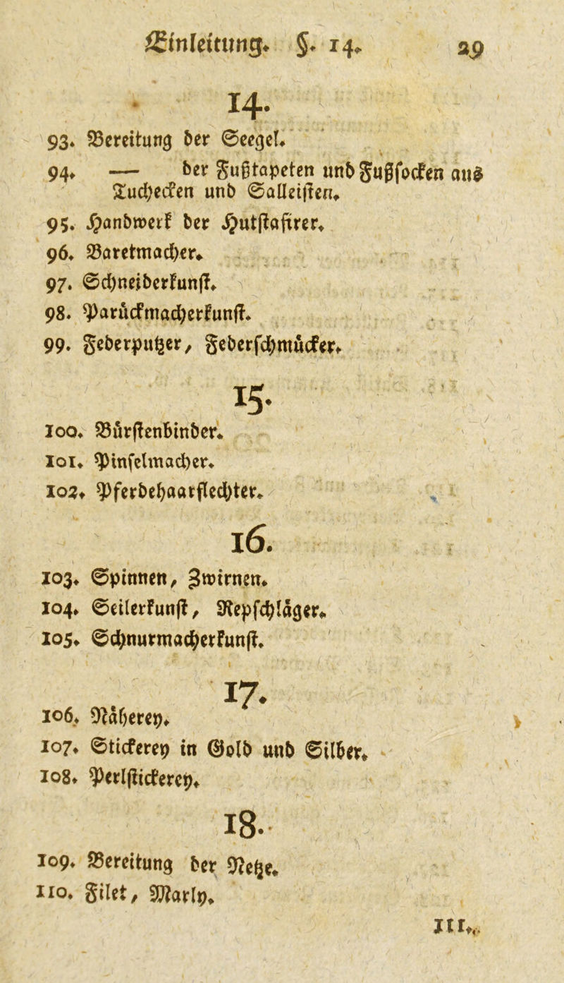 14. 93* ?8crcitun3 5cr ©cc^cl* 94, — ber gugtapeten unb gugfocfm 5lud)ecfen unb 0aüei)lcru 95. ^anbwerf ber ^utj^oftrer^ 96* S3aretmad)cr» 97. 0d)neibcrfun(!^ ^ 98. ^arucfmad;erfunff* 99. geberpußer, geberfd^möcfer. 15- loo^ S5fir(!cnbinber* lou ^infclmad)er* lo:?^ ^ferbebaarfled^ter^ / 16. I03* 0pinnett, 104» 0eilerfun(!, SRepfcblagm 105^ @c^nurmac^^crFun(?^ 17» io6* 9^af)erep^ 107» ©ticferep tn @olb unb Silber# ^ io8* ^erl(!icFercp# 109, ^Bereitung ber jje^e. HO. Silet, 3Äar(9. Jir,.. M«