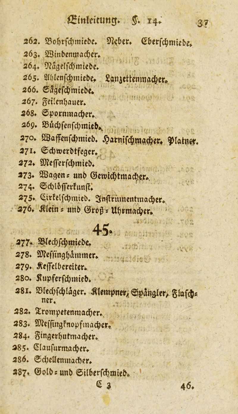262» S5of>rfd)mie5e^ ßberfc^miebe». 263* SSinbcnmac^cr^ 2Ö4* 9?a(jelfdf)mtebe» 265. 2ndcnfd;mie5et Sa.ttiettenmadjfer^ 266* ©aqcfd&micb«* 267, geilenbauer.. ■ ' 2Ö8» ©pornmac^er» 269* ^ucbfenfd;miebi^ ^ .,• 370. 2Baf?nfd>mtcb. Jpamifd&mft^er, IHattijr. 27u @d)tt>erbtfeöcr^, 272^ 9}?efi’crfd>mieb* 273» SSaqens unb @etvicbtmadbe.r^. * 274, ©d)l5flTerfun(?i 275* (2!Ufelfd)miel). Snfiriimentmadbcr^ 276t imb.Örog s Ubrmadber*. '' 45». '277^ 5^ed;fdb*wtebe^ . 278* 2}?cf)tn3bämmer* ^ ,>, 279* Ärffe^bcrciter* 28o. ^upferfd)mieb» 28I4 saied^fcbia^e^ Älem^iter.Spanaler/^SkifAs ner. 282. ^rompetenraa^er.., 283* 5!Äcffmgfnopfmacber,, 284. Singerbutmad;er» 285f ^laufurmacber^ 286. 0d;elIenmad)er^ 287» ©olbsunb 6il6erfdbmiebf' ' S 3 46^