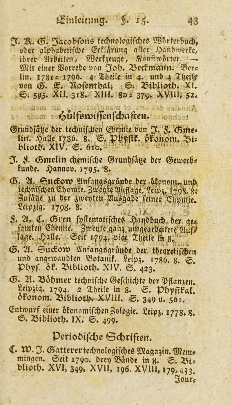 Cf* K* (S. ^acobfom ffd)noloctifd)e$ 3B5f ober alpl)abetifc^e ^rflSrüng o^Ier i)anbmerfe, ihrer Arbeiten/ SÖerf^eu^e, ,^Hn<tn>üitcr- —* ^it einer ^orrebe you 3o&* ^edrmatln* 3^er? Un* 1781 1796* 4 !$:beile in 4* unb 4 Jbeite »on (5. ßf* ‘Hofentb<tU 0* 33iblidt^* Xl^ 0* 595* XIL 3i8#. XUl^ 80 5 379» XViiU 52* ' ^ulfemiflTenfcbafreit^ :: : - ! ©runbfä^e 6er te(^)i)if£6'cn €6cinie eon % (ßme« Itn’.'.fjal{c,i786. 8., ptjyfiF. öfoh.om. ^iä bliotb'. XIV. ©. 6iö.^ • '* 3f. S- (Smelin cbemtfdje ©runbfa^e ber ©etrerb* tunbe. J^anno». 1795.'8. <S. 2t. ©ticCow 9Jnfan98(W.üfibe .6cr .5tpnom«uttb, tedjntftbett €t)9nlitc. 3w‘em ^7<fl“9e; ?et»i, HqS- Ss Sufalje ju ber iroepten ffluggabe feiner Scipjig; 1798. 8. ' S. 2(. t. (Svm fpflematiWe'g'.^'anbbueb, ber ges. , fsmten efiemic’. 3weöfeA«ni.uibgearbeifete'21üf;/ la^e. ®f‘t «-794. öiei; Sbbile t1i 8; <B* 2(* 2Infan.4ö4rötibc ber tbepr^ttf^cn unb angevoanbten ^otanü. ^etp,u lygö* 8. Pl?yf. ^»r* V^ibliotl). XIV. ©. 423/ <^* ^ibmer ted)nifcl)c ©cfd)id()te ber ^flan;^en4. I794‘ ^ 2:i)eüe in 8* 0* ofonom* :öibl^ot^^» XVHL ©♦ 349 561. (fnttvurf einer bfonomifcbett^otogic* Seipj* 177g* 8^ 0* ^tbliotb^ IX* 0* 499* Pcrtoöifd)c Sd)rtftett* €♦ tt?* Cf* (Satterer ted)nDlogifd)eö ^agajin. minien* 0ett 1790* brep $8anbe in 8* 0* V>u Uiotf}. XVJ> 349* XVll, 196. XVm, 179,4^5, 3ours