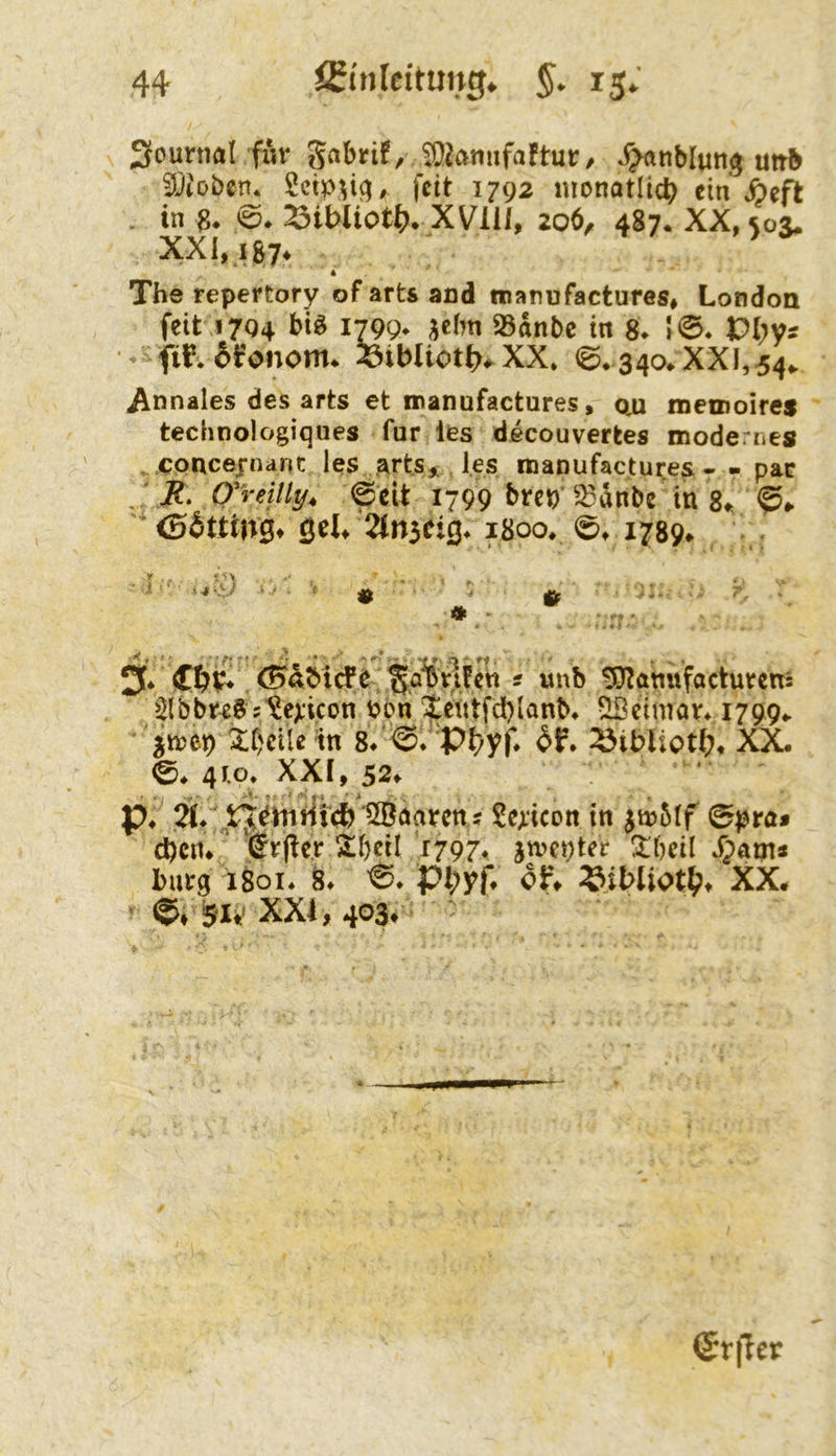 Sounial fÄr gabtif, SJamifaftur, .^«nblung u»b 3)i'oben. Scro^ifl, feit 1793 nicnatlict) ein ^eft . in 8. ü. XVllI, 206, 487. XX, ^o3. XXI, 187. 4 The repertory ofartsand tnatiufactures# London feit 17Q4 bi^ 1799* ^ebn 25dnbe in 8. >0. Vi)Vs ' fil?. S^onom* fetbUot^^XX» 0* 34Oe.XXI,54^ i^nnales des arts et manufactures, o,u metnoires technologiques für les decouverkes moderne» . cpncejrnant les arts* les manufactures - - pac ; H. O'reilly^ @cU 1799 SBdnbe in 8* 0*. iHoov 0t 1789t ;r •! 3. i wnb £Ö?ötmfactuvens Slbbte&s^exicon Pbn ^etttfd^lanK ^cimatt 1799«. ' ^njep ^f)cile in 8t 0. pt/yf* dft ^ibliotbt XX ©♦ 41.0. XXI, 52t . P* 21/SejL’icon in jn?5lf cbcrtt ‘ W^(!er ^beil 1797* awe^ter ^bcü *§am* barg iSoi* 8t 0* pi;yft oft ^ibliot^?t XX* ©♦ I51V XXI, 403, ®r|Ter