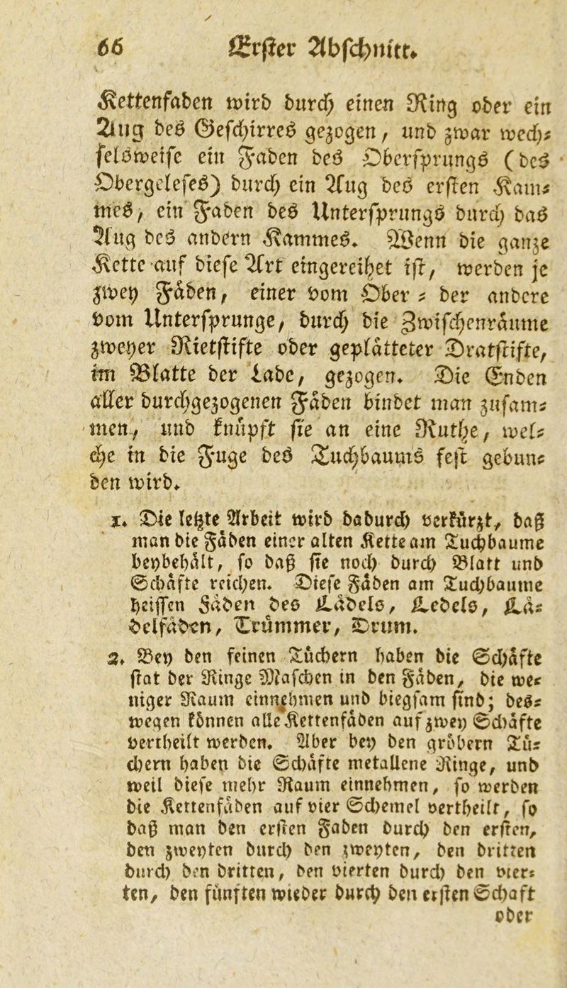 Äettenfabcn tt)irb bur($ einen [Ring ober ein 2liig be^ ©efd^irreö , unb gtoar ioed;^ fe(i5treifc ein J^^ben bei5 Dberf^rung^ (bc^ Obergciefeö) burd; ein 2fug beö erRen ^ams mß f ein 5<^ben beö Unterfprnngöi bnrd; baö 5iug bc<5 anbern 9öenn bie gan^e ,^'ette auf biefe ^rt eingerei()et iR, toerben je jive^ ^dben; einer i?om Ober ber anberc t)om Unterf|?rnnge, burd; bie ^^tf^^’nrdmnc gttje^er [Rietflifte ober gepfdtteter SratRifte, ttn 9S(atte ber inbe, gezogen* 2)ie (Snben atfer burciftge^ogenen ^aben hiubet man ^nfam^ men, mib fnupft fie an eine Olutf^e, weif d)c in bie ^'Ußc beö Znd)baume fefc gebun? ben mirb^ j* ^4C le^tc 5lrbcit toirb baburd) ecrfürjt, bag man bte gäben einer alten Klette am !$:ucbbaume beobebält, fo bag fte nod> burd) ^latt iinb 0cl)äfte rctd;en. ©tefc gäben am !$:ud;baume beiffen Sdben beo iLdbelO/ ^ebelo, Ä.ds ^^elfdbcn, krümmer, SDrum. 5» ^et) ben feinen !^ücbern haben bie 0d)äfte fiat ber Swinge ?0tafcben in ben gäben, bie met niger Siaani cinn^bmen unb biegfamffnb; begx iveqert fbnnen alleÄertcnfäben auf 0d)äftc Oenheilt werben, 5Iber bep ben grobem 2!ujr d)em haben bic 0d)äfte metallene iKinge, unb weil biefe mehr Ütaum einnehmen, fo werben bie ^ettenfäben auf oier 0d)emel oertheilf, fo bag man ben erfren gaben bureb ben ergen, ben jweoten burd) ben ^wepten, ben britten burd) ben britten, ben vierten burd) ben mer* ten, ben fünften wuber bnreb ben ergen0d)aft ober