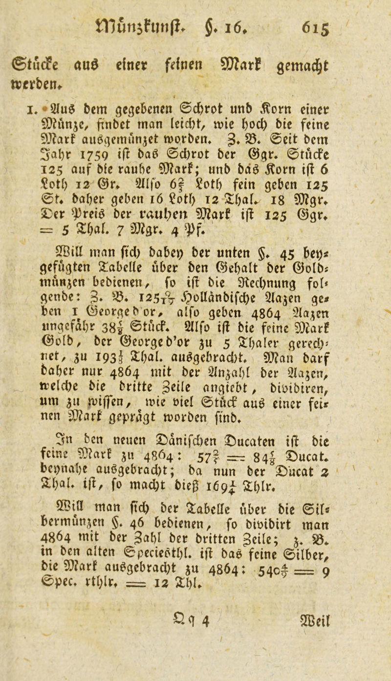 ©tudPc au^ einer feinen SWarE gemad^t »erben«. I, • 2Iu6 bem geijebenen 0d)rot unb »^orn einer 5QhmiC/ jinbet man (eid)t, wie hod) bie feine 9J?arf auöi]emunjct wprben* S5. 0cit bem 3al)r 1759 ift baß 0d)rot ber @^r* 0tücfc 125 auf bie raube 9}?arf; unb baß ^orn ift 6 ,^otb 12 @r« 5IIfo 6f l^otf) fein geben 125 0t« baber geben 16 ?otf) 12 !itf}aL 18 5Q?gr« ^er ^))reiß ber i*aul;m 3[)tarf ift 125 ®gr« = 5 ^bal. 7 3}tgr« 4 ^f« ' SfBid man ftd) babe^ ber unten §« 45 be^s gefugten 2!abel(e über ben (^ebalt ber ©olbj tnunjen bebienen, fo ift bie 3ted)nung fo(< genbe: 3* I25t7 ^^ollanbifd)e 5la^en ge« ben I (George b or^ alfo geben 4864 ^ia^jen ungcfdbr 38'J ©tuef* 5üfo ift bie feine ^tar! ©olb^ ber George b'cr ju 5 S:ba[?r gered)* JJft, sn 1933 außgebrad)t, 5!}?an barf baber nur 4864 mit ber Sln^abi ber Slajcn^ treld)e bie britte ^cile angiebt / bi'oibircn, um 511 wiffen, ^wie üiel ©tiuf auß einer feir nen äJ?art geprägt worben ftnb« 3n ben neuen •^dnifd)en ©ucaten ift bie feine ju 4864: 572 — 34! I)ucat* bepnabe außgebrad)t; ba nun ber ©ucat 2 Zi)aU ift, fo mad;t bieg 169^ Zl)lv, 20iö man ftd) ber !iabeire über bie ©if« bermunjen §♦ 46 bebienen, fo bwibirt man 4864 mit ber gabl ber britten geile; 5. in ben alten ©pccießtbL ift baß feine 0ilber, bie^laxt außgcbrad)t ju 4864; 540#= 0 ^pec, rtl)lr« == 12 XbU SÖJcir Qg 4