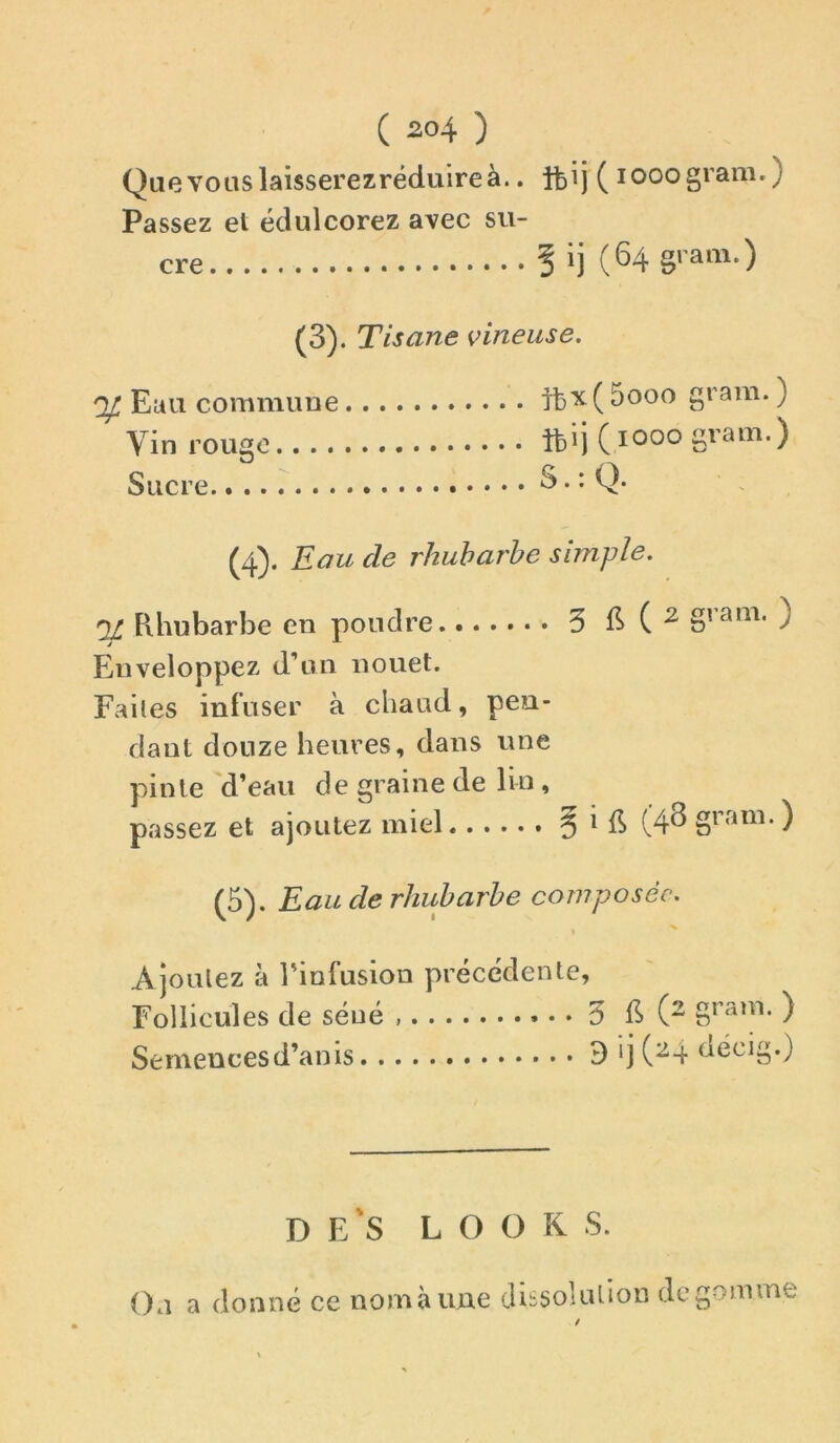 Quevouslaisserezréduireà.. ftij ( looogram.) Passez et édulcorez avec su- cre ? 'i (64 gi-am-) (3). Tisane vineuse. Euu commune Vin rouge.... Sucre tfex(5ooo gram.) ftij (1000 gram.) S.:Q. (4)- Eau de rhubarbe simple. •jl Rhubarbe en poudre 3 ^ giain. ) Enveloppez d’un nouet. Faites infuser à chaud, pen- dant douze heures, dans une pinte 'd’eau de graine de lin , passez et ajoutez miel § ^ (48 gram.) (5). Eau de rhubarbe composée. A jouiez à rinfusion précédente, Follicules de séné 3 E gram. ) Semencesd’anis 9 ‘j (^4 dëcig.) D e'S look s. Ou a donné ce nomàune clissoîulion dégommé