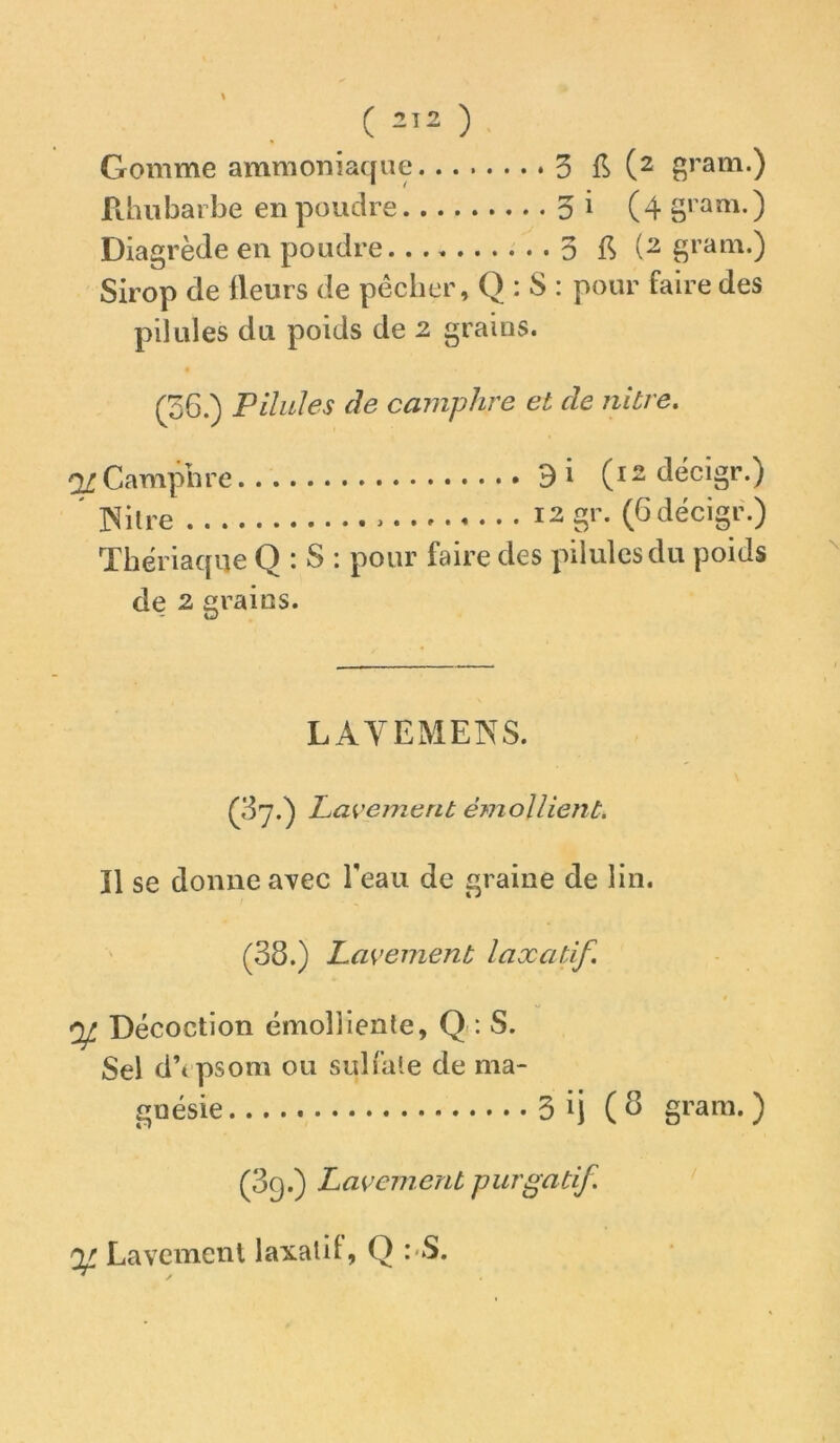 ( ^ Gomme ammoniaque 3 (2 gram.) Rhubarbe en poudre 5 ^ (4 S«’am.) Diagrède en poudre 3 fi (2 grain.) Sirop de Heurs de pécher, Q : S : pour faire des pilules du poids de 2 grains. (36.) Pilules de caiirphre et de nitre. Camphre 9i (12 décigr.) ' INilre 12 gr. (6 décigr.) Thériaque Q : S : pour faire des pilules du poids de 2 grains. LAYEMENS. (87.) Lavement émollient. Il se donne avec Teau de graine de lin. (38.) Lavement laxatif. » ^ Décoction émoîlienle, Q.: S. Sel d\ psom ou sulfate de ma- gnésie 3 ij (6 gram. ) (3q.) Lavement purgatif. ' ^ Lavement laxald, Q :-S.