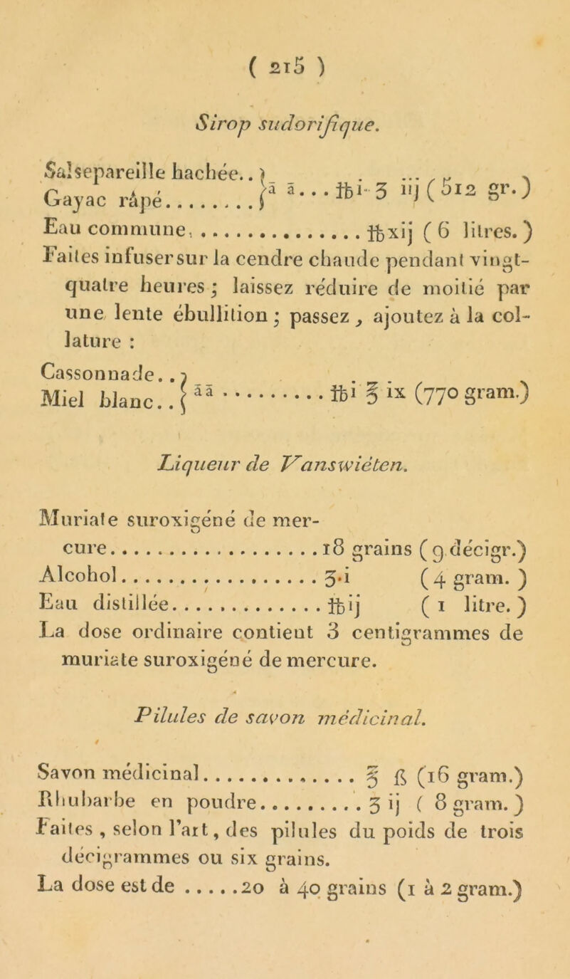 Sirop suclorijique. Salsepareille hachée.. ) . ^ a Gajac râpe J lu u \ » y Eau commune, j^xlj ( 6 1 il res. ) Faites iDfusersur la cendre chaude pendant vingt- quatre heures ; laissez réduire de moitié par une lente ébullition ; passez ^ ajoutez à la col- la tu re : Cassonnade.. i Miel blanc.. P tt' ? (770 gram.) Liqueur de Vanswiéten. Muriafe suroxigéné de mer- cure 18 grains (g décigr.) Alcohol 3.1 gram. ) Eau distillée..... ftij (i litre.) I.a dose ordinaire contient 3 centigrammes de muriate suroxigéné de mercure. Pilules de savon médicinal. i Savon médicinal *....§ (i6 gram.) Pdiuharhe en poudre 3 ij ( 8 gram. ) faites , selon Fait, des pilules du poids de trois décigrammes ou six grains. La dose est de 20 à 40 grains (i à 2 gram.)