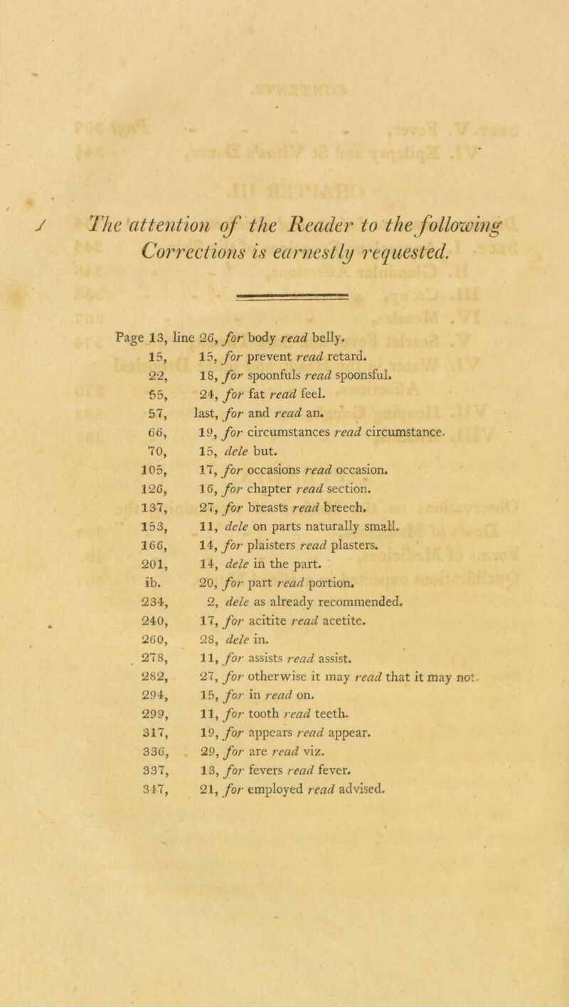 The attention of the Reader to the following Corrections is earnestly requested. Page 13, line 26, for body read belly. 15, 15, for prevent read retard. 22, 18, for spoonfuls read spoonsful. 55, 24, for fat read feel. 57, last, for and read an. 66, 19, for circumstances read circumstance. 70, 15, dele but. 105, 17, for occasions read occasion. 126, 16, for chapter read section. 137, 27, for breasts read breech. 153, 11, dele on parts naturally small. 166, 14, for plaisters read plasters. 201, 14, dele in the part. ib. 20, for part read portion. 234, 2, dele as already recommended. 240, 17, for acitite read acetite. 260, 28, dele in. 278, 11, for assists read assist. 282, 27, for otherwise it may read that it may not- 294, 15, for in read on. 299, 11, for tooth read teeth. 317, 19, for appears read appear. 336, 29, for are read viz. 337, 13, for fevers read fever. 347, 21, for employed read advised.